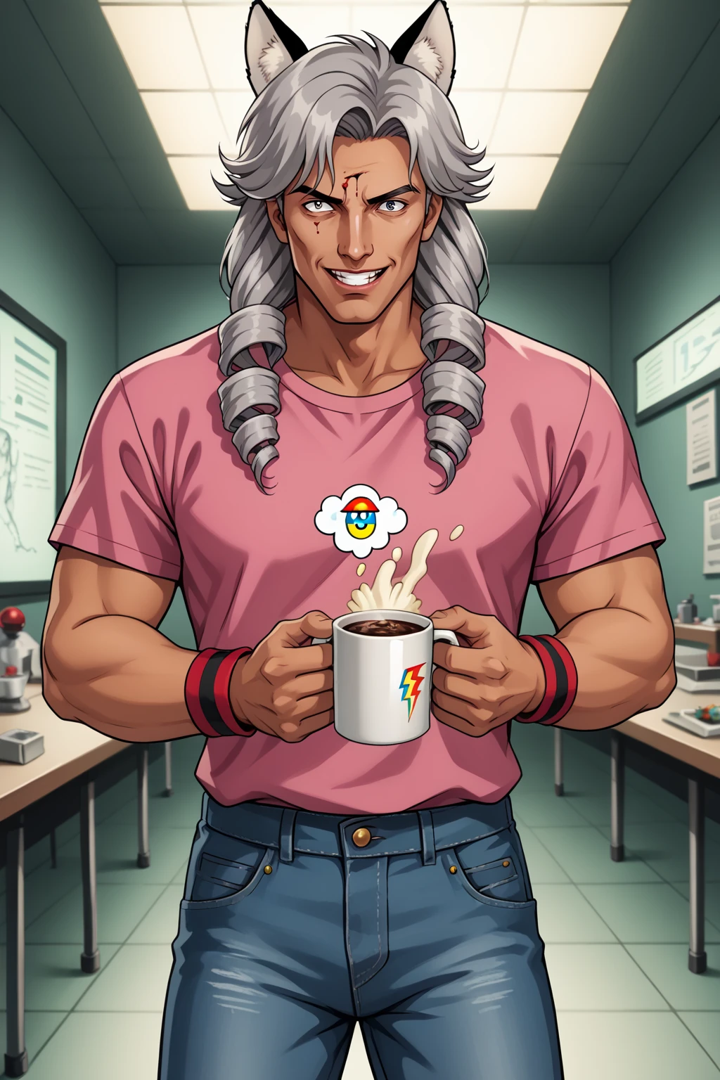 PonyXLV6_Scores, 1boy, solo, bara, he's a villian, holding a knife and a cup of coffee, fox ears, animal ears, tan, tan skin, ganguro, two tone hair, long hair, wearing a black and pink shirt, denim jeans, makeup, wristband, lipstick, jewelry, depth of field, indoors, science lab, floating, broken bones, liquid spilling from his nose, incredible exploding fox man, Carved Lacquer, bustling, gradient eyes, Halfrear Lighting, Electric Arc, 16-bit, High Contrast, Technicolor, Atari Graphics, Electric Colors, Tetradic-Colors, Polychromatic-Colors, Klein bottle, Archimedean Solids, Convex, Ideal polyhedron, groundbreaking, superb, in a symbolic and meaningful style, insanely detailed and intricate, very incoherent asymmetrical artwork, Amiga OCS Graphics, Kinemacolor, Tones of Black in Background, Warm Color Palette, Rainbow, Dichromatism, evil smile, liminal horror, gore, blue liquid, rainbow liquid, blood, flying fried chicken goo, 80sAnimationPnyXL, Electroluminescent Wire, Infrared, Ray Tracing Global Illumination, Contre-Jour, Quantum Dot Display, CRT, 7 Segment Display, Googly Eyes, bone, unsettling, Evil, drill hair, long braid, grey hair, Hypericosahedron, Multiverse, 3-Dimensional, Surface, Ehrhart Polynomial, Trapezohedron, Octal