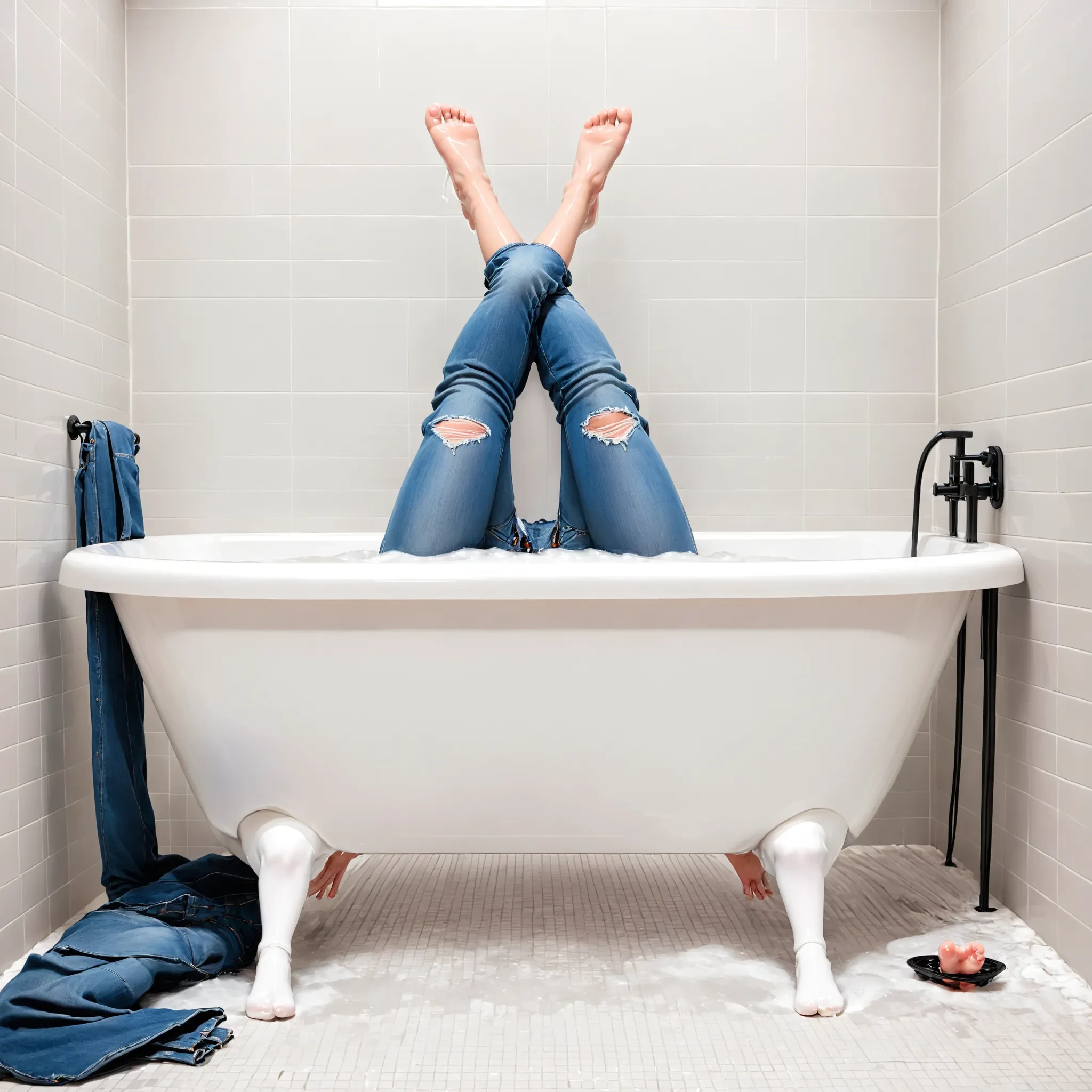 bathtub with legs, wearing jeans