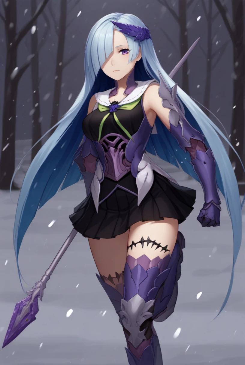 score_9, score_8_up, source_anime, rating_explicit  BREAK solo, 1girl, looking at viewer, full body, 
<lora:BrynhildrPdxlDwnsty-000008:1>,  brynhildr, purple eyes, blue hair, long hair, hair over one eye, hair ornament, armor, armored dress, black dress, gauntlets,  black skirt, pleated skirt, thighighs, holding polearm, polearm, staff, fighting stance, standing on one leg, leg up, 
snow, snowing, winter, outdoors, nature,