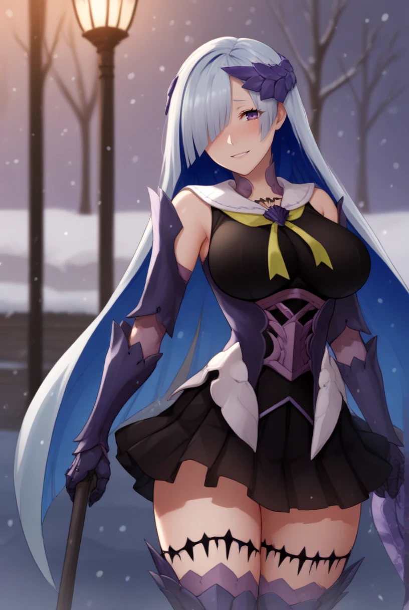 score_9, score_8_up, source_anime, rating_explicit  BREAK solo, 1girl, looking at viewer, cowboy shot, 
<lora:BrynhildrPdxlDwnsty-000008:1>,  brynhildr, purple eyes, blue hair, long hair, hair over one eye, hair ornament, armor, armored dress, black dress, gauntlets,  black skirt, pleated skirt, thighighs, polearm, holding weapon, 
large breasts, skindentation, blush, thick thighs, smile,  
snow, snowing, winter, outdoors, nature,