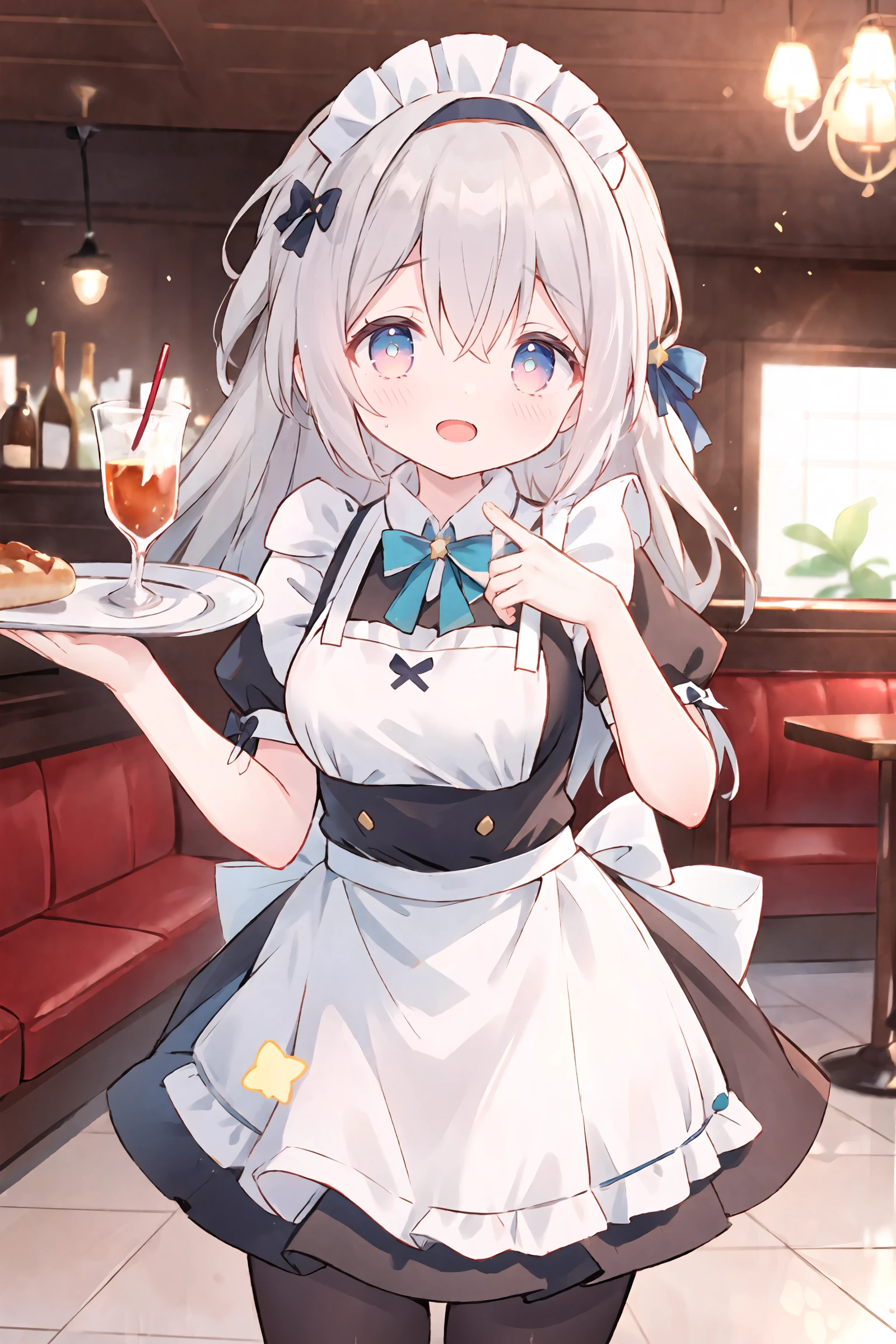 1girl, firefly \(honkai: star rail\), hairband, solo, maid, maid headdress, maid apron, embarrassed, pantyhose, open mouth, blush, smile, open mouth, holding plate, looking at viewer, cowboy shot, bar \(place\), indoors, depth of field
