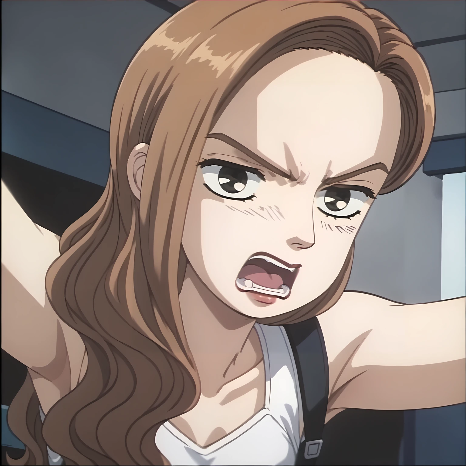 <lora:SayukiXLpony001>,
solo,
Sayuki,1girl,brown hair,long hair,black eyes,
wavy hair,tank_top,
open mouth,angry,