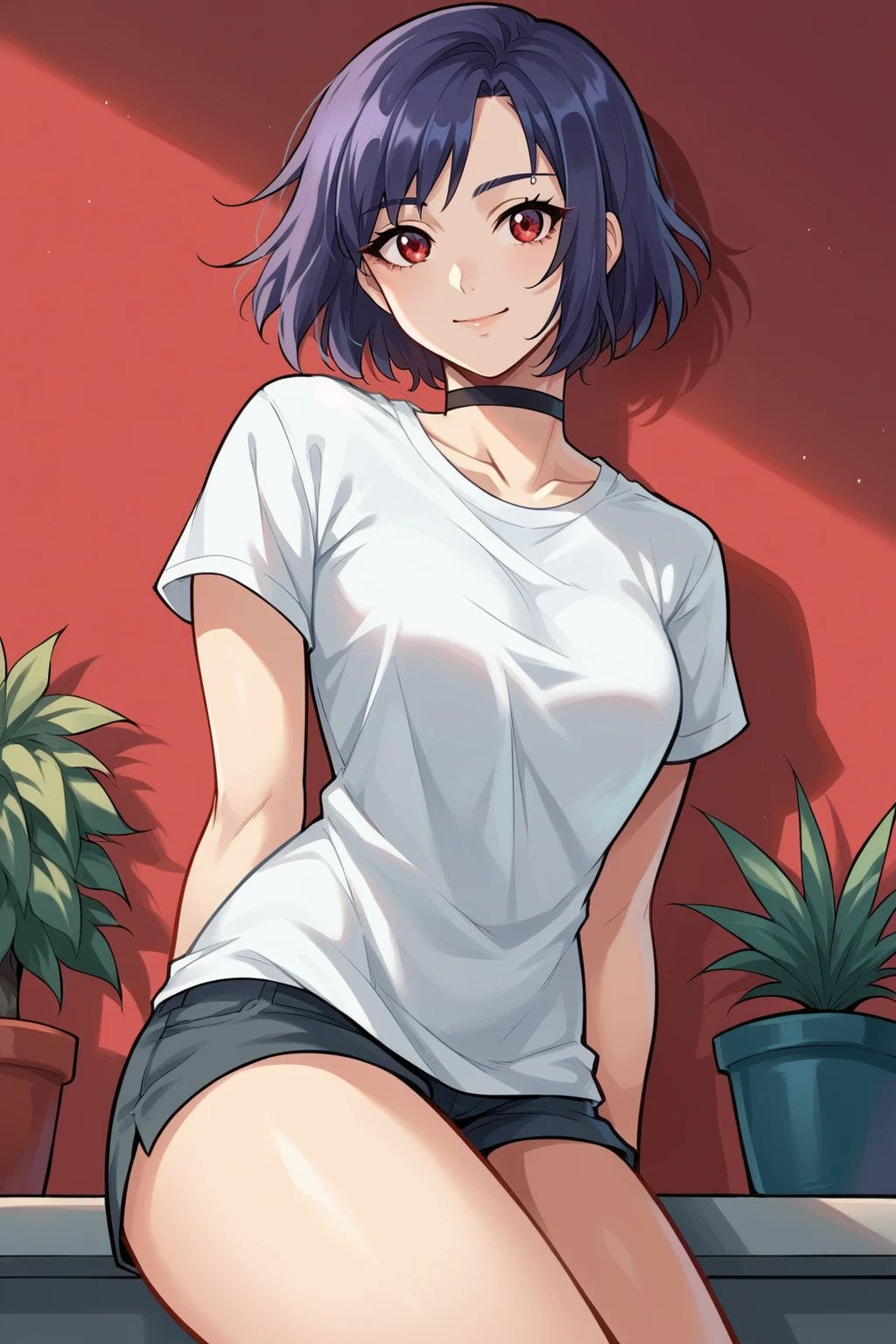 score_9, score_8_up, score_8, source_anime,
<lora:Everlasting_Summer_Kristina_by_GraffMetal:0.7>, kristina, short hair, red eyes, piercing, dark purple hair color, bob hair cut, 1girl, solo, blue hair, black hair, eyebrow piercing
light smile, choker, 
shoulder level shot, dynamic angle, cinematic lighting,t-shirt, bottomless, bare thighs, potted plant, facing viewer, (dynamic pose:0.6), red background, deep focus, 
amazing background, looking at the viewer,