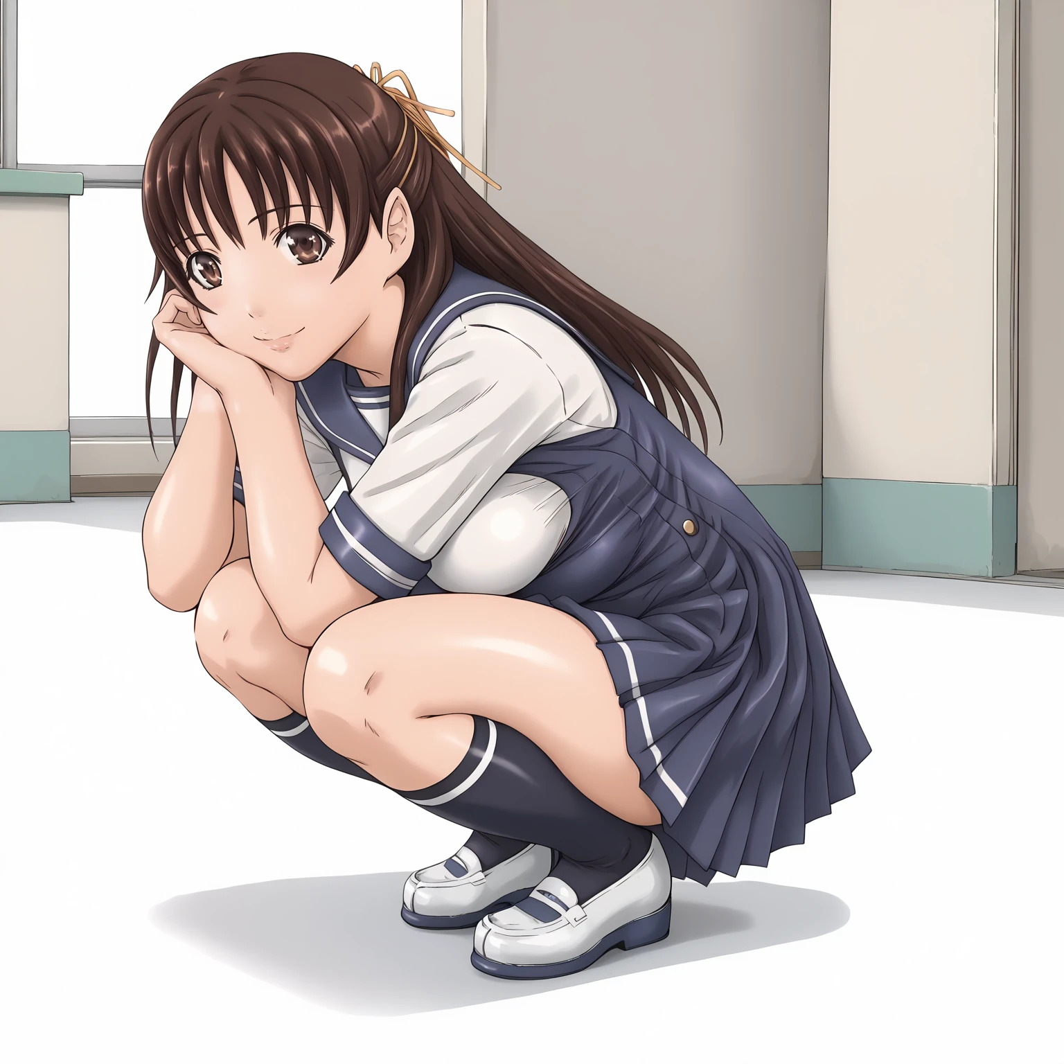 Yoshizuki_Iori, Huge_chest, Are standing, alone, School_uniform_purple_shirt_green_skirt_white_neckerchief_black_Knee socks, masterpiece, Highest quality, Detailed face, Fine grain, High resolution, mini skirt, squatting, white panties, pov