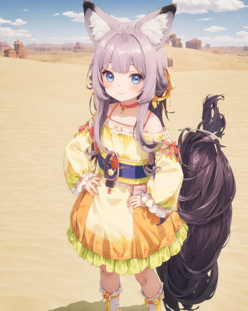 panorama,<lora:BNS_Friend_Chibubao Lin Female:0.85>,masterpiece,best quality,1girl,fair_skin,oval face,fox tail,fox ears,blue eyes,desert,standing,hands on hips,seductive_smile,petite,tail_wagging,