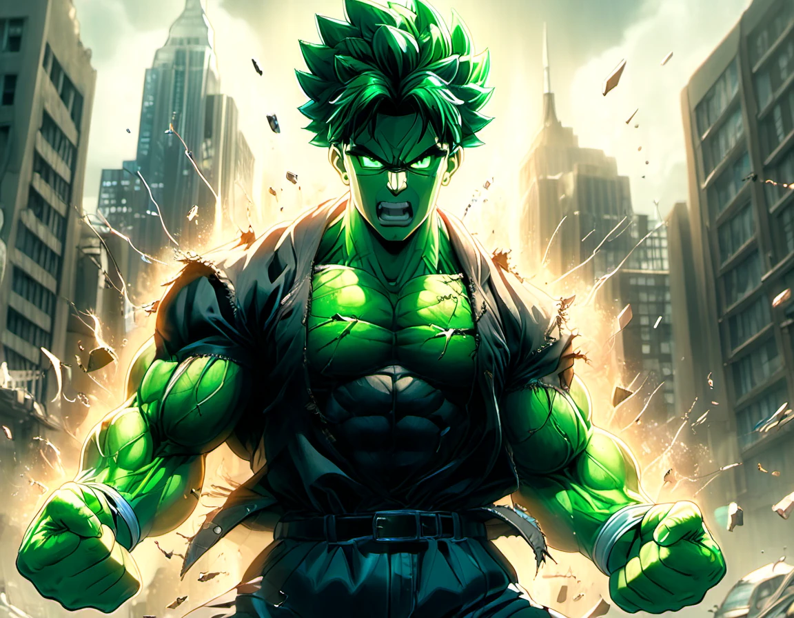 (((masterpiece))) , (((best quality))) , anime style, 2d, well-built charming 1boy, solo, lovely 1boy, cinematic film still, HulkRay, Gene Starwind, Hulked Out, roaring, broken city background, he has Shaved sides hair, (clenched fists:1.2), key visual, 