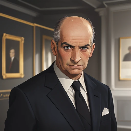 1boy, solo,( lou_fu:1.1), looking at the viewer, portrait, focus on face, bald, grey hair, old, blurred background, parisian interior, Suit jacket <lora:Louis_de_Funès:1>