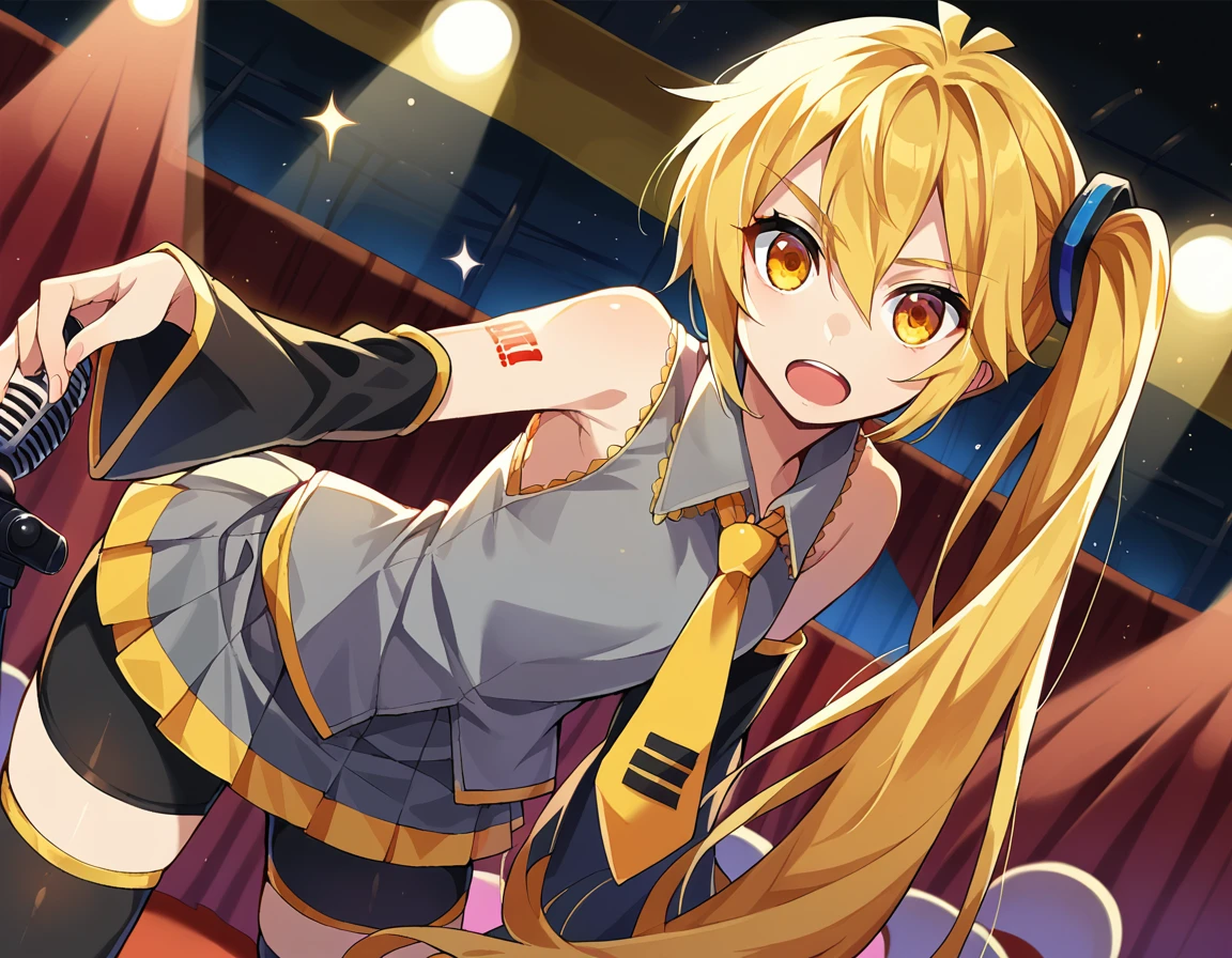 score_9, score_8_up, score_7_up, source_anime,
neruakita, <lora:neru-akita-ponyxl-lora-nochekaiser:1>,
neru akita, blonde hair, long hair, side ponytail, very long hair, yellow eyes,
bike shorts, detached sleeves, necktie, skirt, thighhighs, yellow necktie, zettai ryouiki, grey skirt, grey shirt, collared shirt, sleeveless,
indoors, stage, stage lights, singing, audience, microphone, holding microphone, open mouth, bent over,
looking at viewer, cowboy shot, dutch angle,