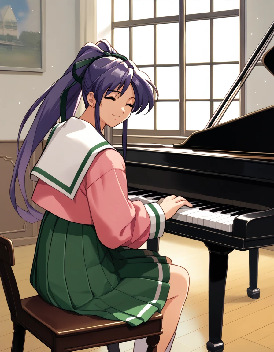 score_9,  score_8_up, score_7_up
<lora:takabe-eri-ponyxl-000028:1> takabe, purple hair, hair ribbon, serafuku, pink shirt, pleated skirt, green skirt,
1girl, closed eyes, light smile, solo, sitting, piano, piano bench, window, sunbeam