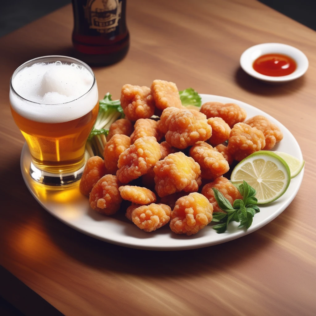 Create a realistic image of a plate of Taiwanese salt and   chicken nuggets accompanied by a glass of beer.  <lora:twporcon:0.8> , pepper