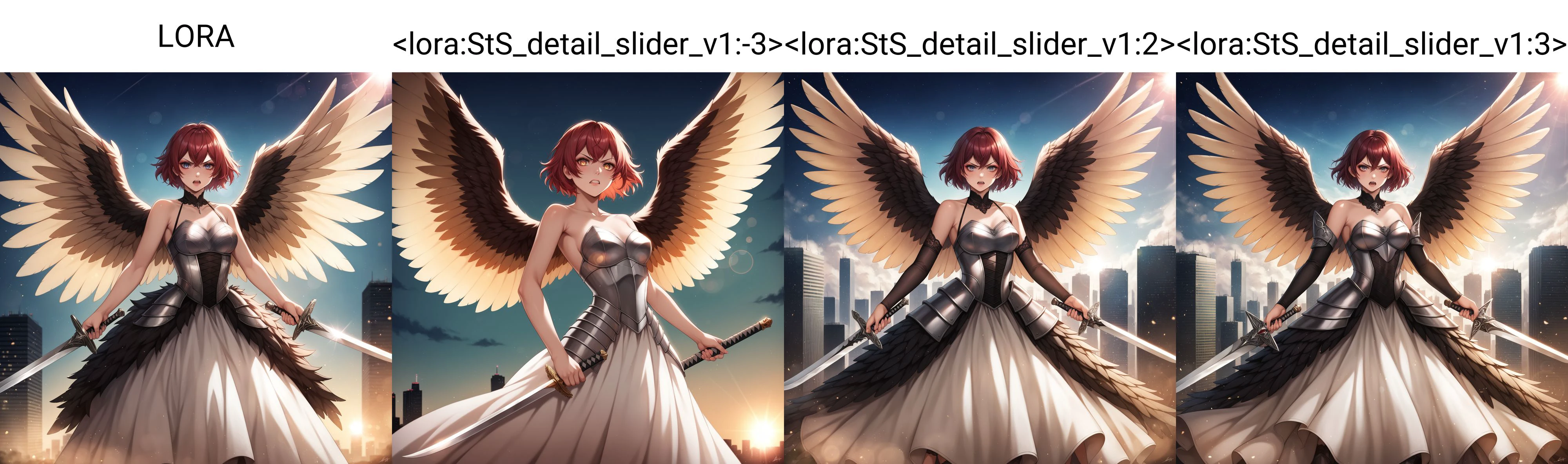 score_9, score_8_up, score_7_up, source_anime, [tokyo ghoul], kirishima touka, [1girl], facing viewer, armored dress, dress, [angry], cowboy shot, [floating], holding sword, brown (feathered wings), highly detailed wings, upper back wings,large wings, [detailed eyes, [eyeshadow]], intricate background, skyscraper (rooftop), extremely detailed, volumetric lighting, 8k wallpaper, best quality, ultra-detailed, best illustration, detailed shadows, tracing, realistic, colorful, intense shadows, detailed face, 4k, highres, absurdres, [[light particles]], sunlight, 4k wallpaper, [[backlighting]], [lens flare], LORA