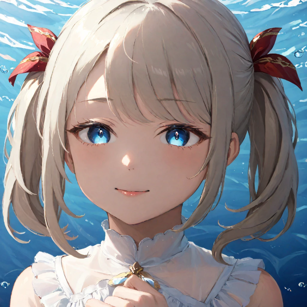 okawaii koto, 1girl, solo, subtle smile, platinum blonde hair, blue  eyes, twin tails, parted lips, red ribbon, underwater, fish, empty eyes, hand on own chin, Barbara \(Genshin Impact\), white dress, lace trim, lip gloss, white ribbon
[
ãã¼ãã©ããã¼ãºãããã®ï¼ãå¯æããã¨ã»ã»ã»
:24]
 <lora:Okawaii_koto:1> <lora:Barbarax_xl:0.7>