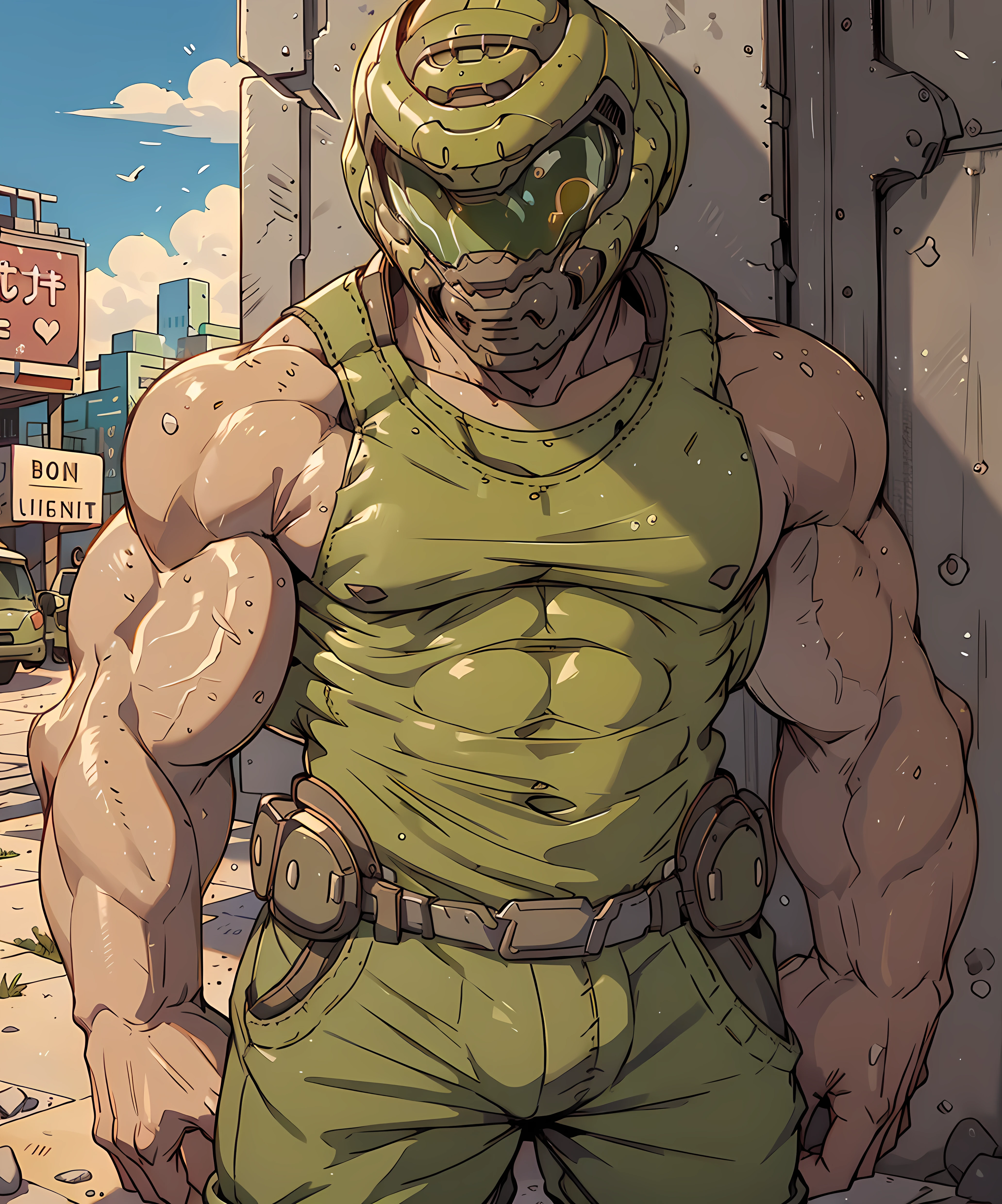 <lora:Doom_Slayer:0.75> doom_slayer, standing, looking at viewer, (olive tank top:1.3), short pants, outdoor, helmet