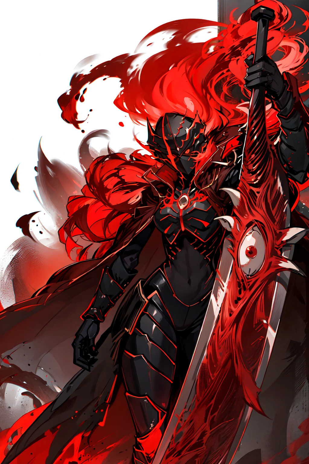 best detailed, masterpiece, best quality, <lora:RedMistGebura-000004:0.9>black armor,red glowing texture, cloak, red cape, solo, torn clothes,holding Mimicry's sword,
