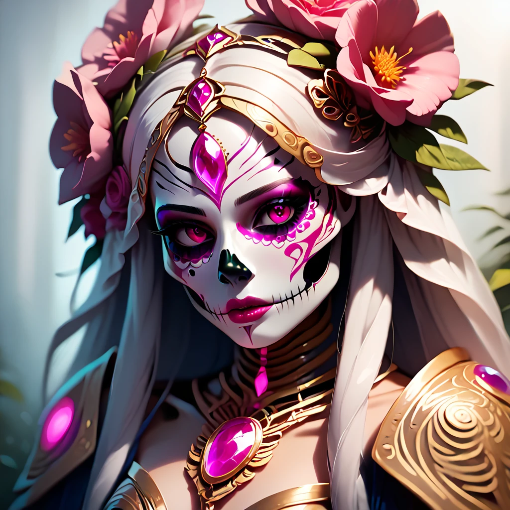 score_9, score_8_up, score_7_up,
itshalloween,skeleton face paint,1girl,solo,long hair,breasts,looking at viewer,hair ornament,jewelry,upper body,flower,hair flower,pink eyes,armor,lips,makeup,glowing,facial mark,gem
, <lora:Its_halloween_pony:0.8>