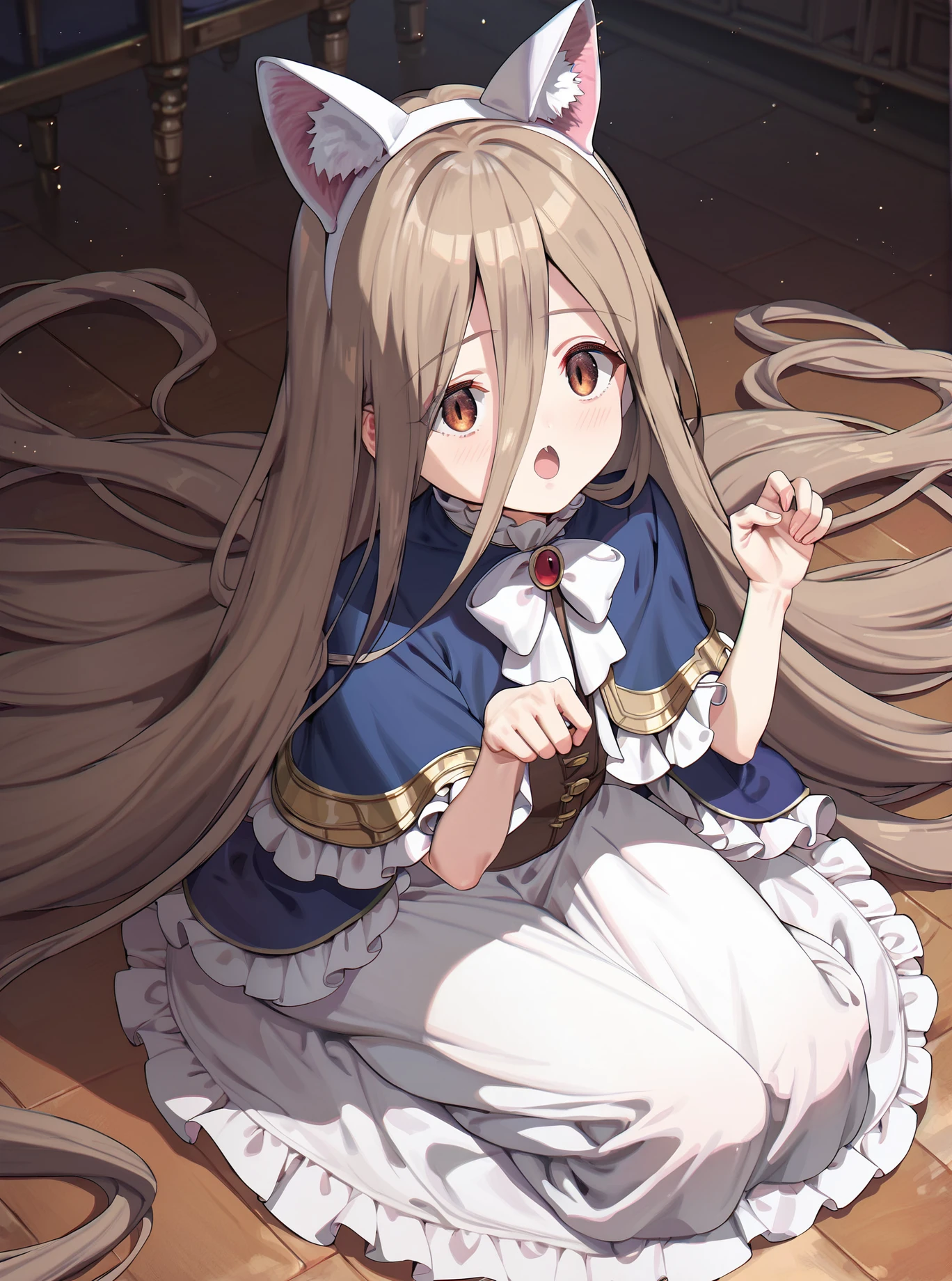 score_9, score_8_up, score_7_up, score_6_up, rating_safe, a girl is on the floor, paw pose, open mouth, fake animal ears, cat ears, looking at viewer,
<lora:borscht_style_xl_v1-000020:.8> <lora:sense_sousou no frieren_PONY_last:0.7> sense \(sousou no frieren\),brown eyes,very long hair,absurdly long hair,hair between eyes,eyes visible through hair, blue capelet,frilled dress,white long dress