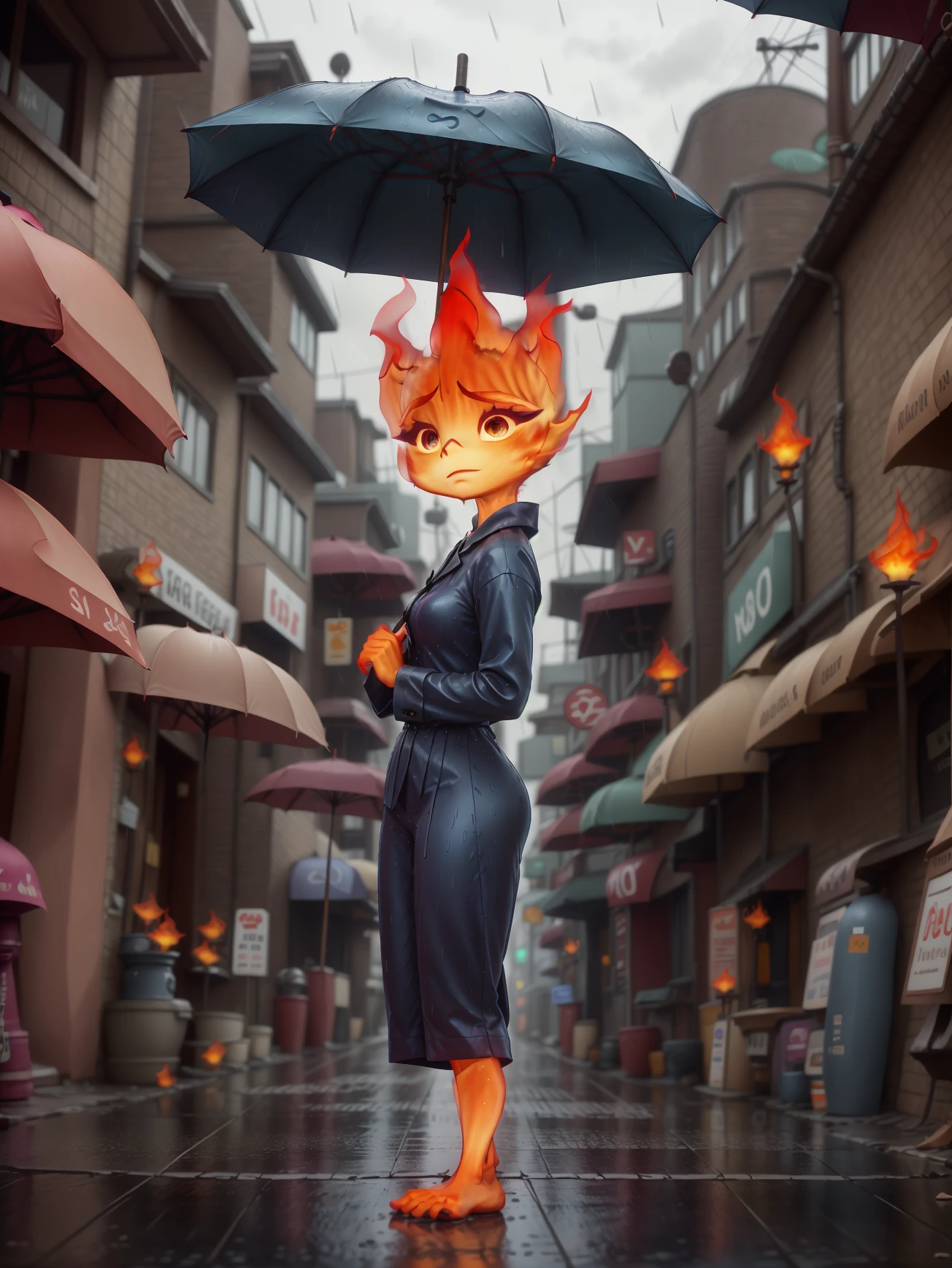 Ember standing at the street at rainy day with umbrella  <lora:Ember-SD1.5-20:1>