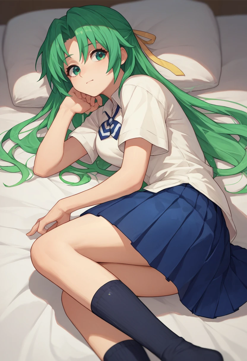 score_9, score_8_up, score_7_up, source_anime, 1girl, sonozaki shion, green hair, long hair, green eyes, yellow ribbon, white shirt, blue necktie, pleated skirt, on side, black kneehighs <lora:Shion V3_1-000005:1>