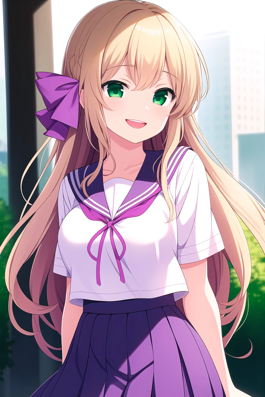 (masterpiece, best quality), highly detailed background, perfect lightingbest quality, mochizukierena, solo, outdoors, city, blonde hair, hair between eyes, french braid, hair ribbon, purple ribbon, very long hair, green eyes, medium breasts, grey serafuku, white sailor collar, purple ribbon, neck ribbon, grey skirt, school uniform, smile, open mouth, :d, pink lips, <lora:Mochizuki-Erena:0.7>