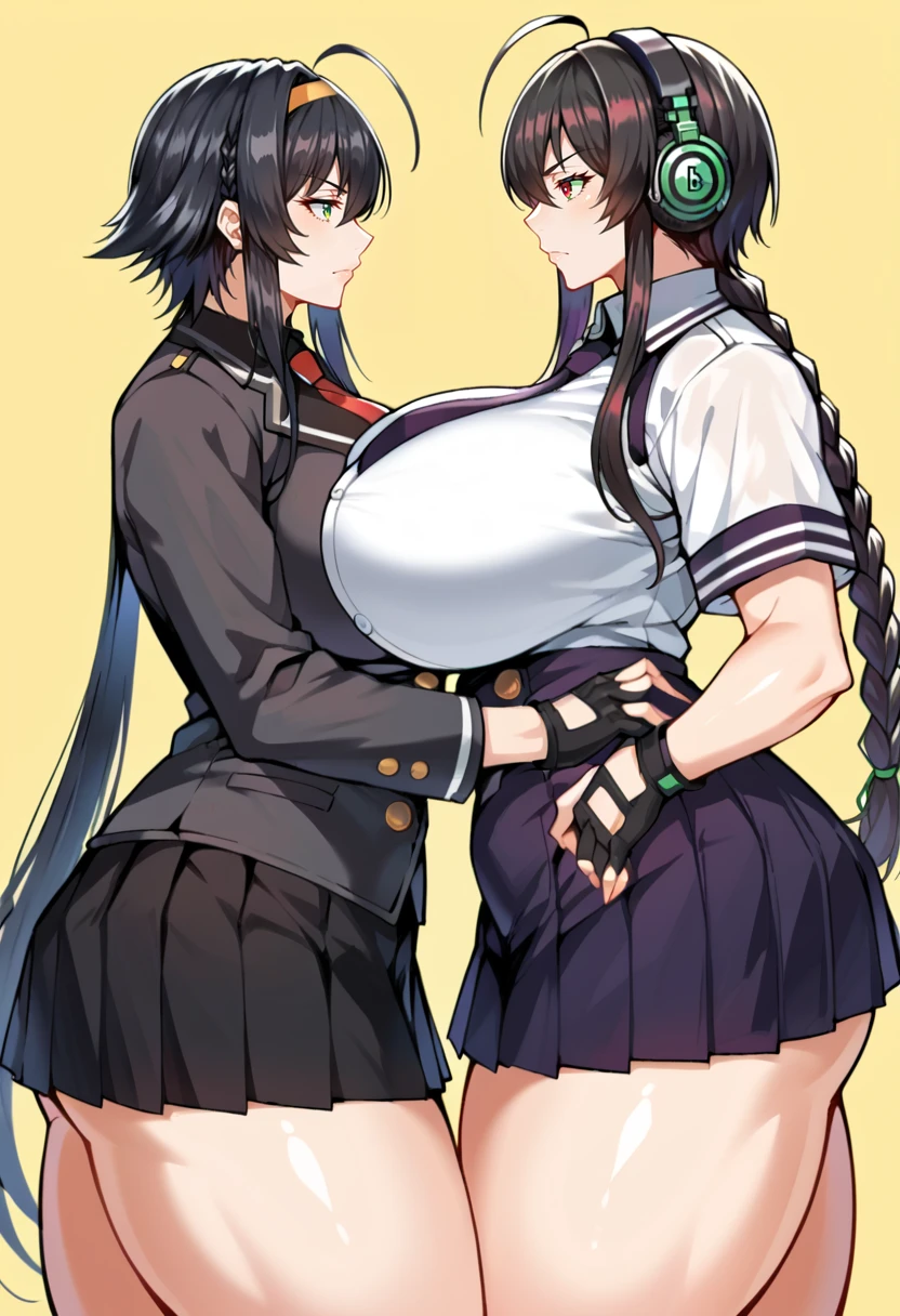 score_9, score_8_up, score_7_up, score_6_up, BREAK
mature female, curvy, huge breasts, huge thighs, long hair,bangs,multiple girls,skirt,simple background,shirt,black hair,red eyes,gloves,long sleeves,2girls,very long hair,closed mouth,school uniform,green eyes,jacket,braid,ahoge,short sleeves,sidelocks,cowboy shot,pleated skirt,hairband,necktie,black gloves,miniskirt,fingerless gloves,black skirt,from side,black jacket,single braid,profile,buttons,headphones,yellow background,short hair with long locks,back-to-back <lora:PulenKompot-Voluptuous-SDXL:0.8> voluptuous, thick thighs, huge breasts <lora:PulenKompot-Taesi Style-PonyXL:0.8> taesi