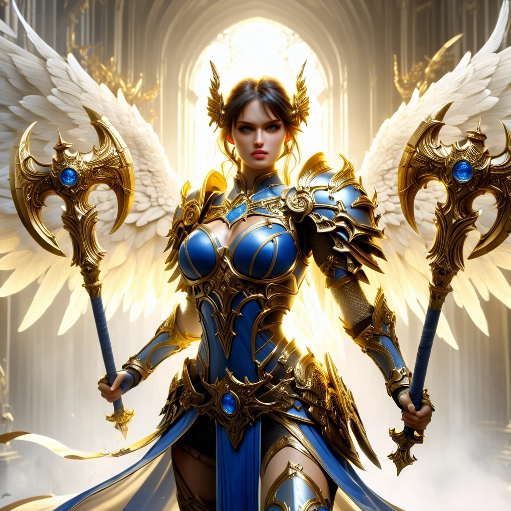 a cinematic shot of a beautiful female angel character wielding two golden Axes, dual axes, wearing blue and golden armor, wings, heaven in background, reflective light, HD, masterpiece, best quality, hyper detailed, ultra detailed