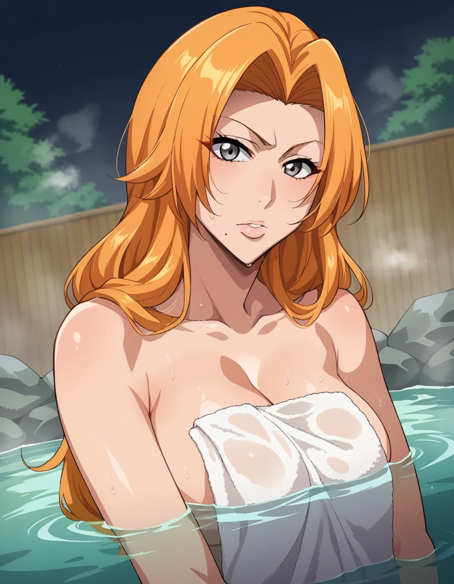 score_9, score_8_up, score_7_up, source_anime,
rangikumatsumoto, <lora:rangiku-matsumoto-anime-ponyxl-lora-nochekaiser:1>,
rangiku matsumoto, long hair, grey eyes, orange hair, mole, mole under mouth, parted bangs,
nude, naked,
outdoors, onsen, towel, naked towel, steam, bathing, nude cover, partially submerged, water, bath, steam censor, wet towel,
looking at viewer, cowboy shot, dutch angle,