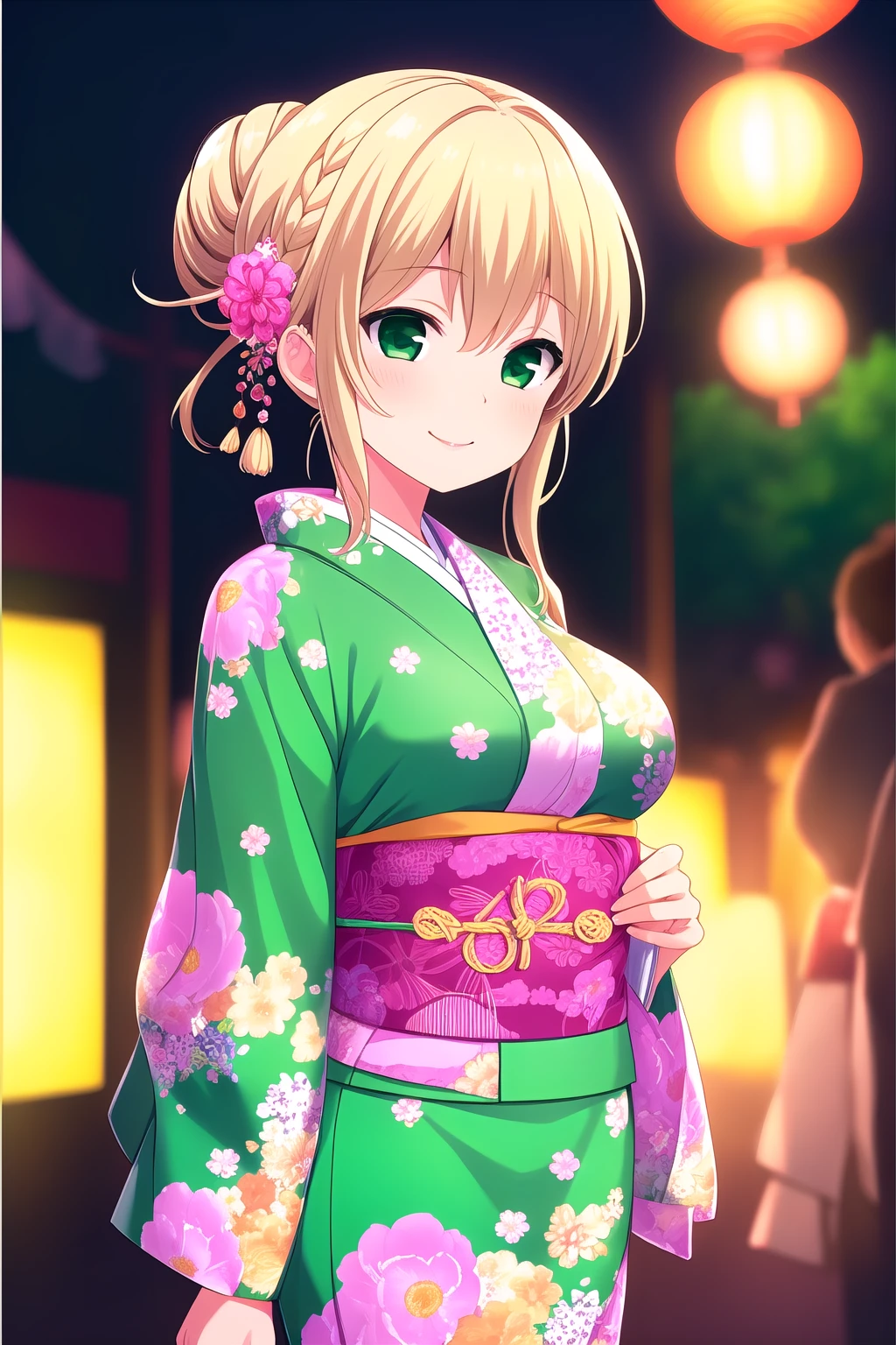 (masterpiece, best quality), highly detailed background, perfect lightingbest quality, mochizukierena, solo, outdoors, night, summer festival, blonde hair, hair bun, hair between eyes, french braid, short hair, green eyes, medium breasts, green kimono, floral print, japanese clothes, smile, closed mouth, :), pink lips, <lora:Mochizuki-Erena:0.7>