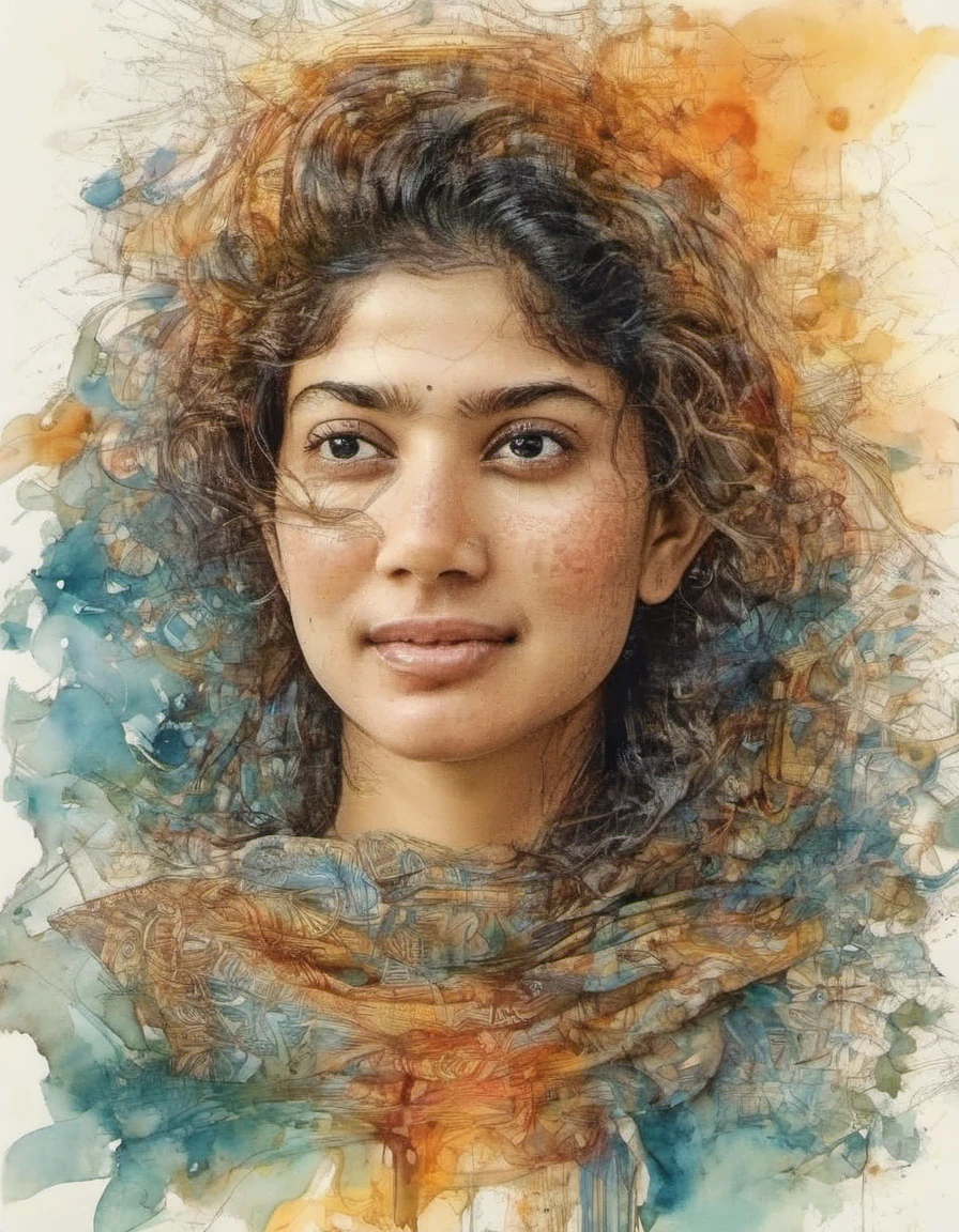 SaiPallavi,A beautiful girl, digital watercolor Illustration, summers cape sunrise, complex contrast, highly details, geometric Bauhaus abstract vector fractal, in style of Carne Griffiths, triadic colors, wave function