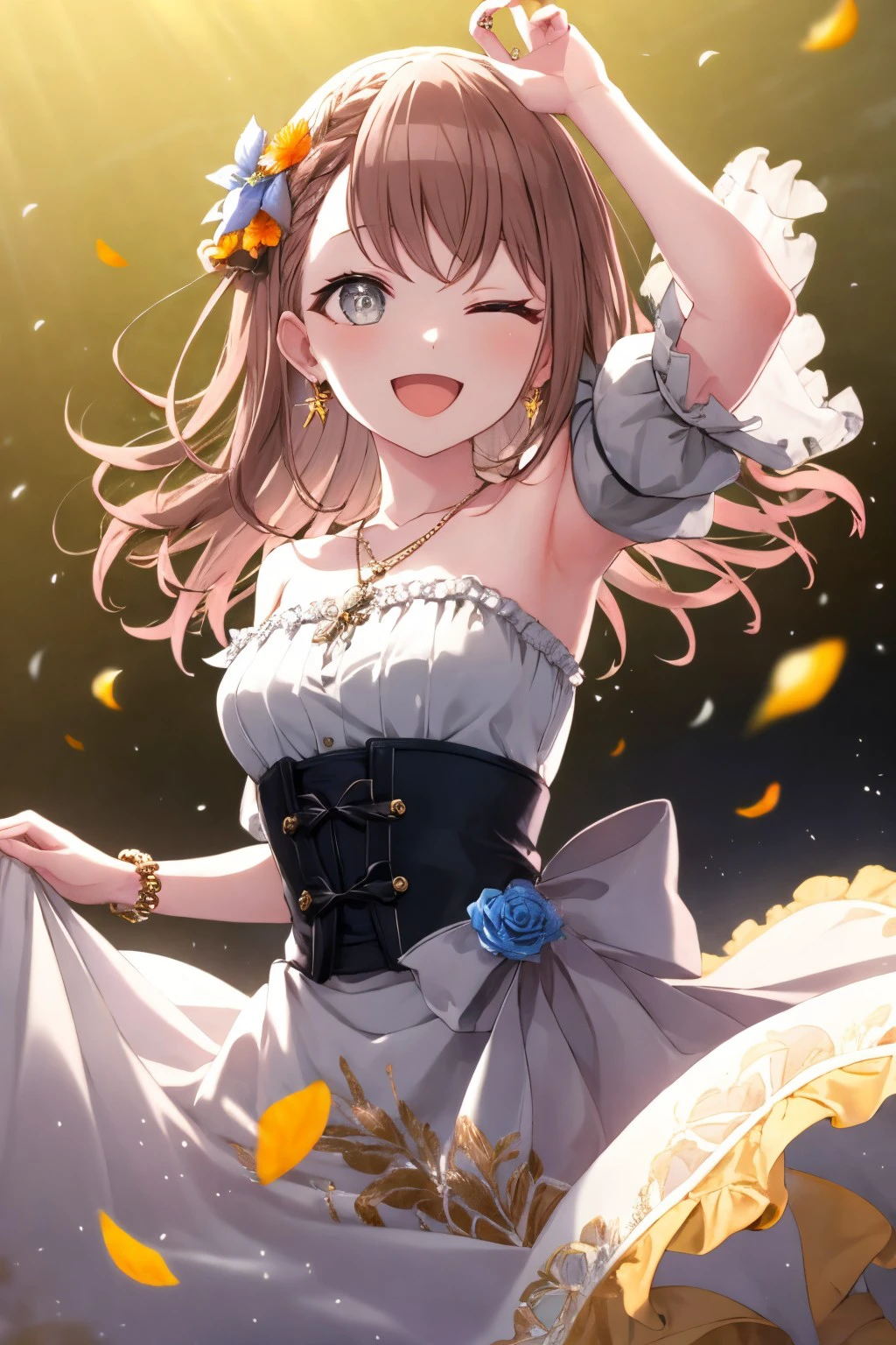 (masterpiece), best quality, expressive eyes, perfect face, minorichan, looking at viewer, smile, open mouth, hair ornament, dress, bow, ribbon, bare shoulders, jewelry, collarbone, braid, flower, short sleeves, cowboy shot, earrings, frills, detached sleeves, one eye closed, puffy sleeves, shiny, hand up, hair flower, armpits, necklace, white dress, blurry, arm up, shiny hair, bracelet, puffy short sleeves, fingernails, gradient, wrist cuffs, grey eyes, petals, gradient background, dutch angle, sparkle, strapless, depth of field, blurry background, leaf, floral print, happy, frilled dress, ;d, white bow, white flower, frilled sleeves, yellow background, light particles, corset, backlighting, beads, blue flower, light blush, white sleeves, gold trim, yellow ribbon, glint, yellow flower, skirt hold, long dress, underbust, back bow, cross-laced clothes, bead bracelet, see-through sleeves, waist bow, orange flower, diffraction spikes, pearl (gemstone), puffy detached sleeves, <lora:a6d131ee-d2cb-4d20-84a1-998e47ea97d4:0.7>