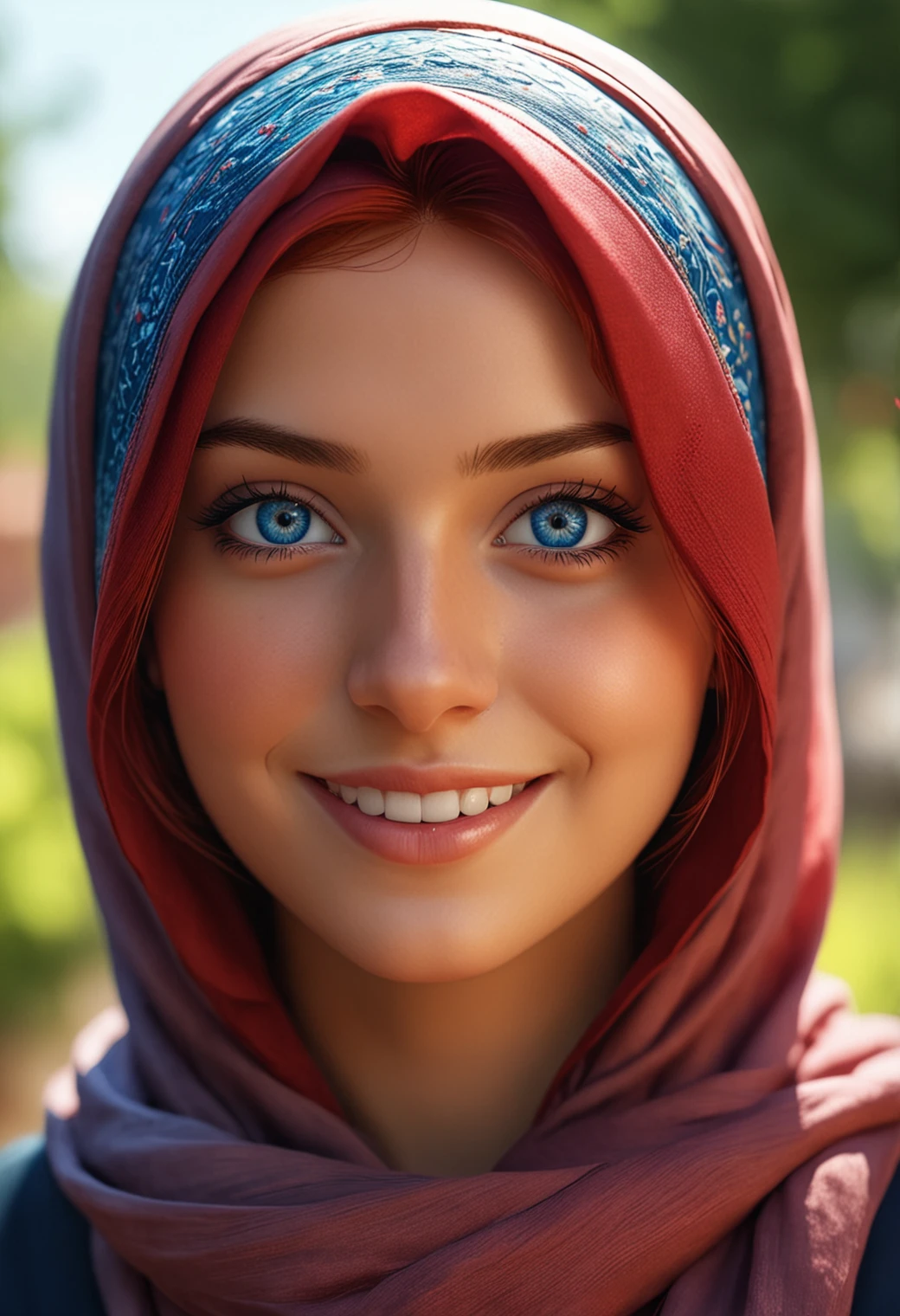 realistic-hijab, <lora:realistic-hijab:0>,1girl, red hair, blue eyes.
earrings, small town, backyard , garden.
upper body, close-up, face, smile, glowing eyes.
(high quality, detailed, beautiful), shiny, detailed beautiful eyes, outstanding, countershading, detailed soft lighting