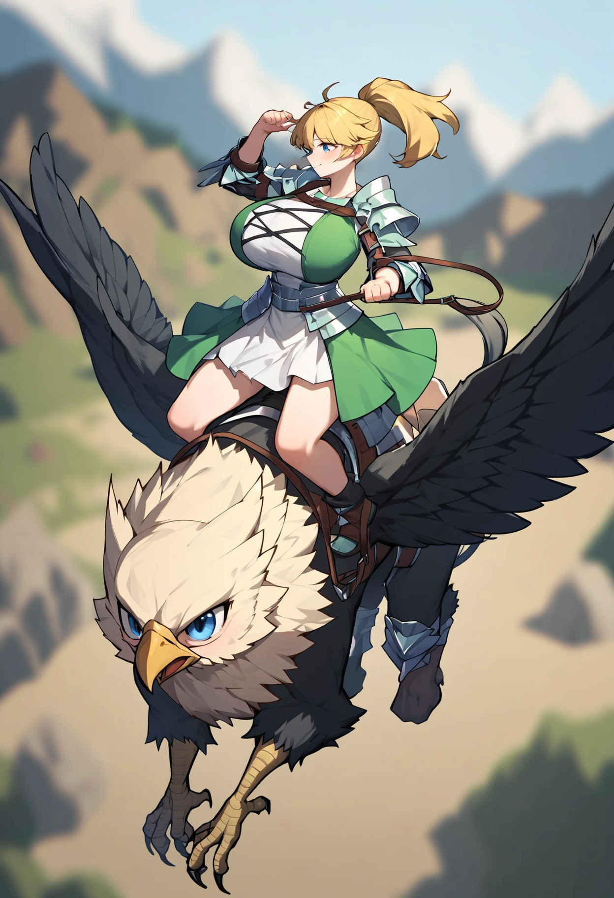 score_9, score_8_up, score_7_up, score_6_up, score_5_up, source_anime,
celeste,<lora:celeste_pony:0.65>
1girl,solo,ponytail,blonde hair, 
huge breasts,white dress,green jacket, armor, 
riding,riding on a griffon,talons,horseback riding, holding reins,
wind lift,skirt lift,
depth of field,fantasy,scenery,
from above, flying,midair,landscape,
face on focus,extreme close-up,