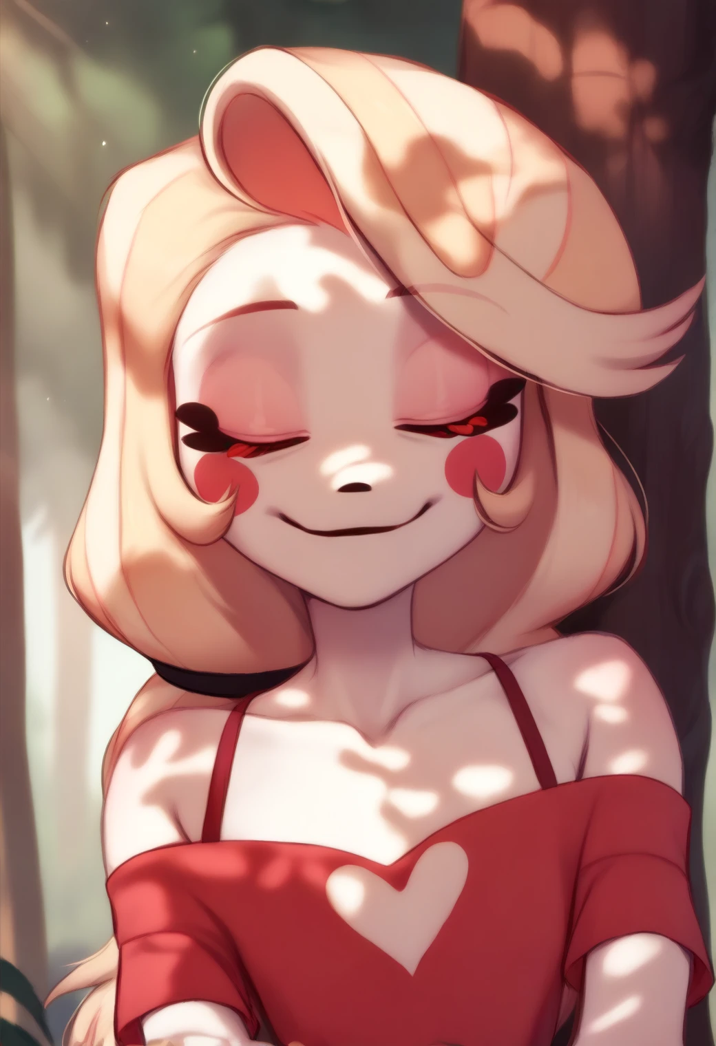 <lora:hazbin_hotel_ponyxl_v2-000025:1>, charlie, white skin, bare shoulders, red eyes, heart print, solo, red dress, outdoors, tree shade, dappled sunlight, forest, day, sparkling eyes, smile, closed closed mouth,
BREAK
score_9, score_8_up, score_7_up, score_6_up, <lora:PersonalAmi_PonyXL_resize:1>