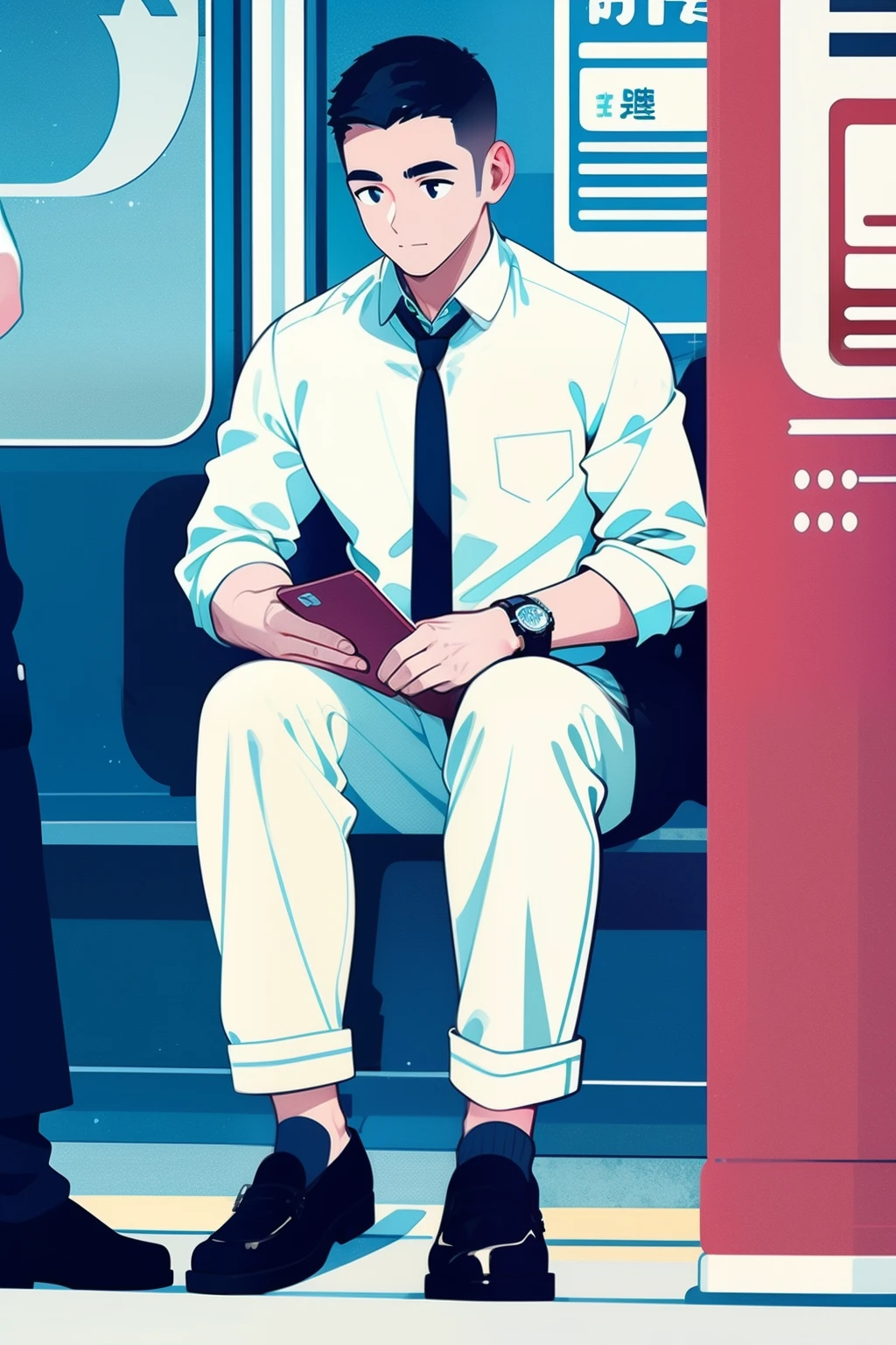 kk-boy, White mask, 1boy, male focus, On the subway, Short black hair, solo, sitting, watch, A lean body, pants, white clothes, necktie, black socks, collared shirt, full body, Black leather shoes, grey pants <lora:kk-1boy:0.8> <lora:kk-boy:0.25>