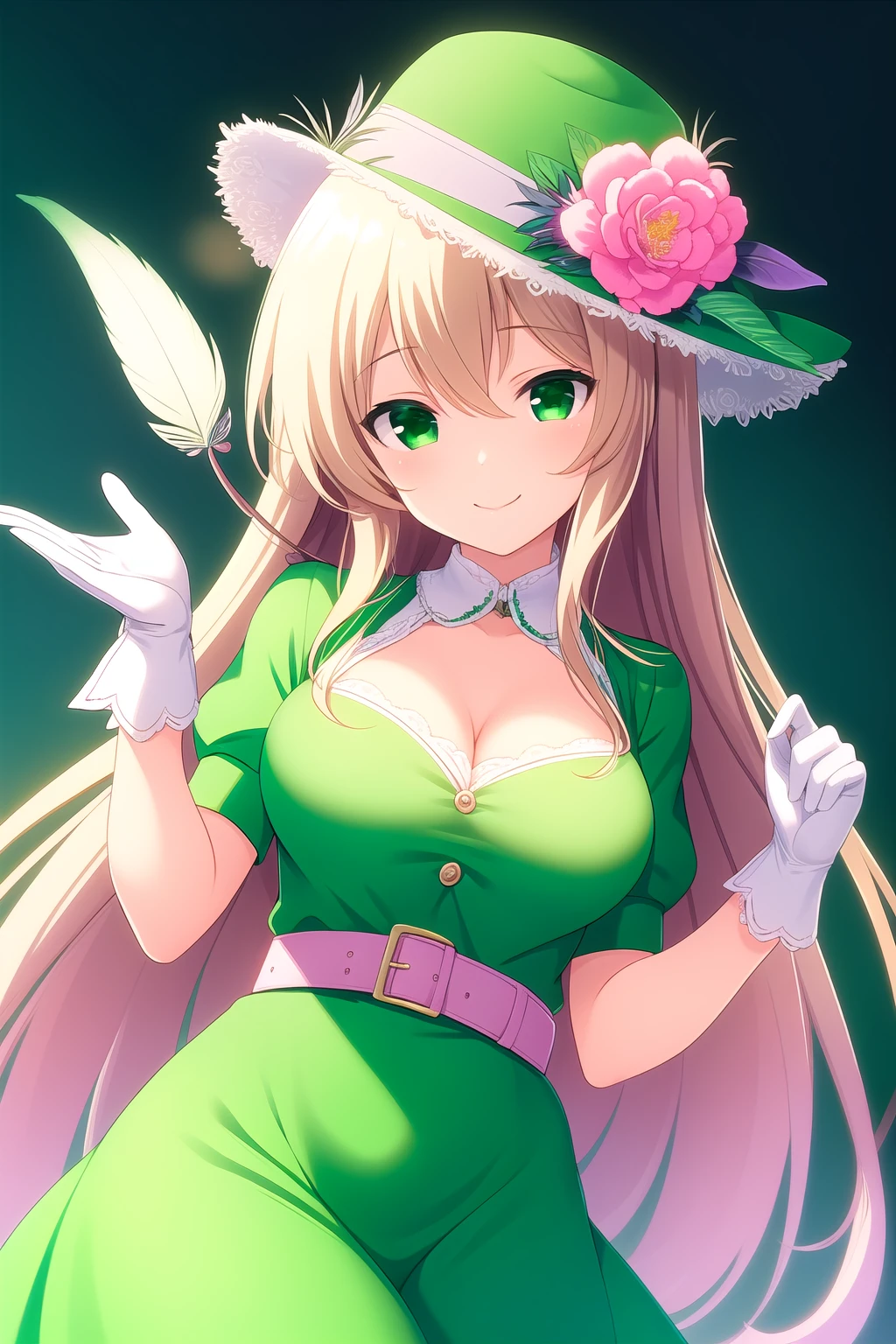 (masterpiece, best quality), highly detailed background, perfect lightingbest quality, mochizukierena, solo, outdoors, hat feather, hat flower, green headwear, blonde hair, hair between eyes, very long hair, green eyes, medium breasts, green dress, cleavage, white gloves, white bloomers, belt, smile, closed mouth, :), pink lips, <lora:Mochizuki-Erena:0.7>