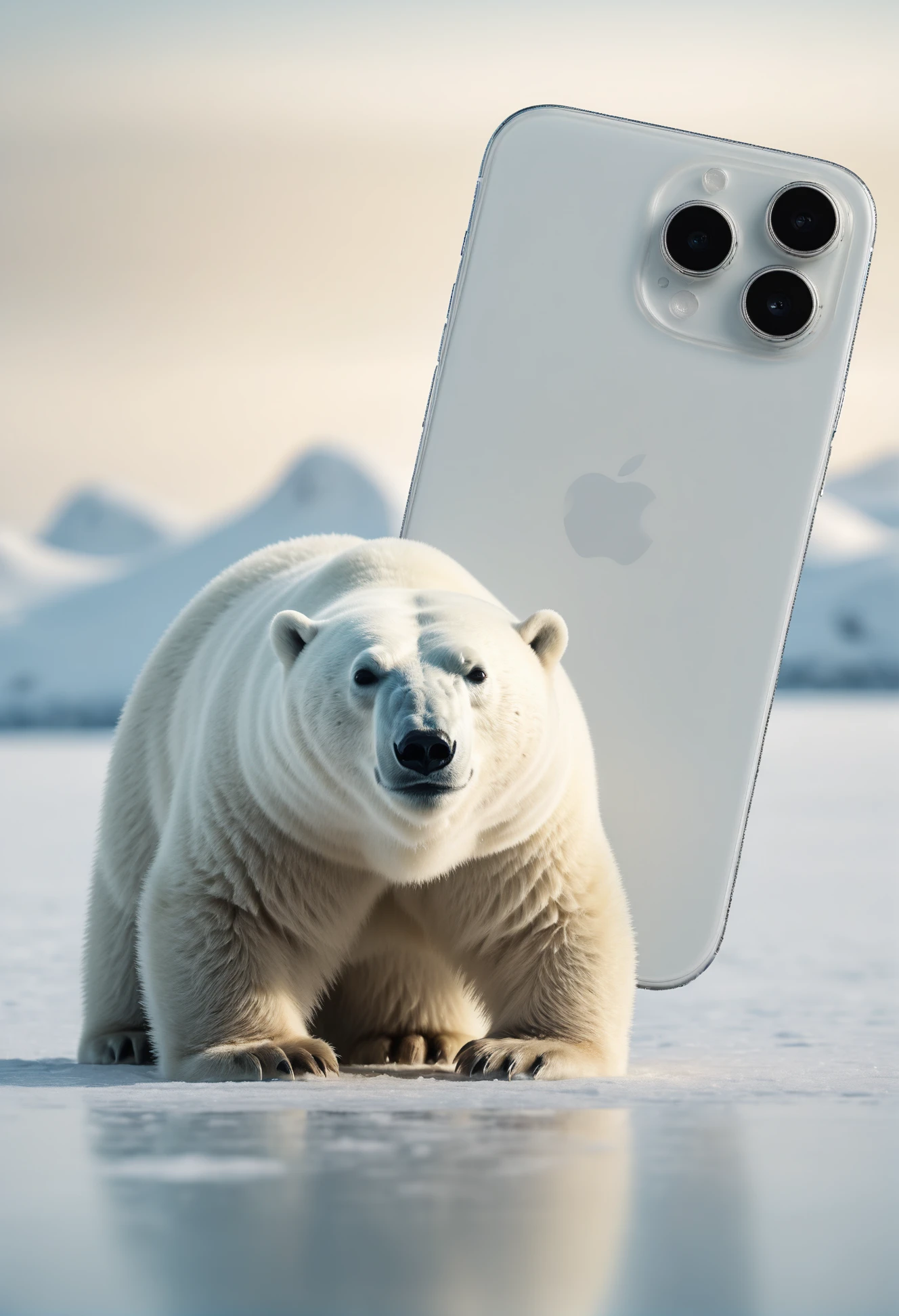 HD, A sleek white smartphone is juxtaposed with a polar bear, its interior unexpectedly resembling a technological structure, a visual symphony of technology and organic beauty <lora:unit_iPhone:0.8> <lora:single thumbs up:0.4>