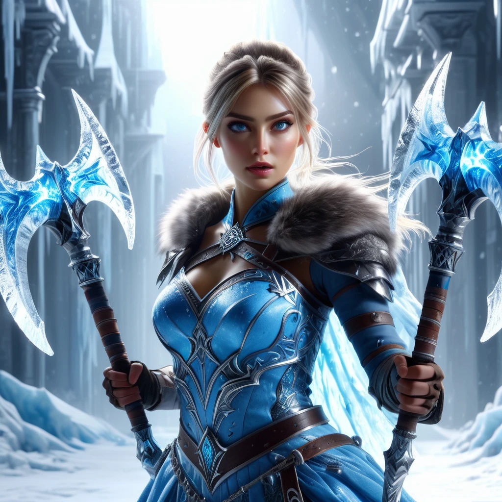 a cinematic shot of a beautiful ice princess wielding two ice Axes, dual axes, wearing ice dress, snow in background, reflective light, HD, masterpiece, best quality, hyper detailed, ultra detailed