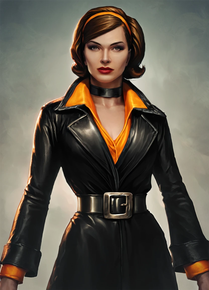 score_9, score_8_up, score_7_up, 
nolfcatearcher, 1girl, short hair, brown hair, jewelry, hairband, choker, belt, makeup, lipstick, orange hairband, (black:1.4) and orange trenchcoat, 3d, 1960s style, low angle, strong pose,
<lora:CateArcherPonyXL:0.8> <lora:Concept Art Ultimatum Style LoRA_Pony XL v6:0.8> concept art, digital art, realistic,