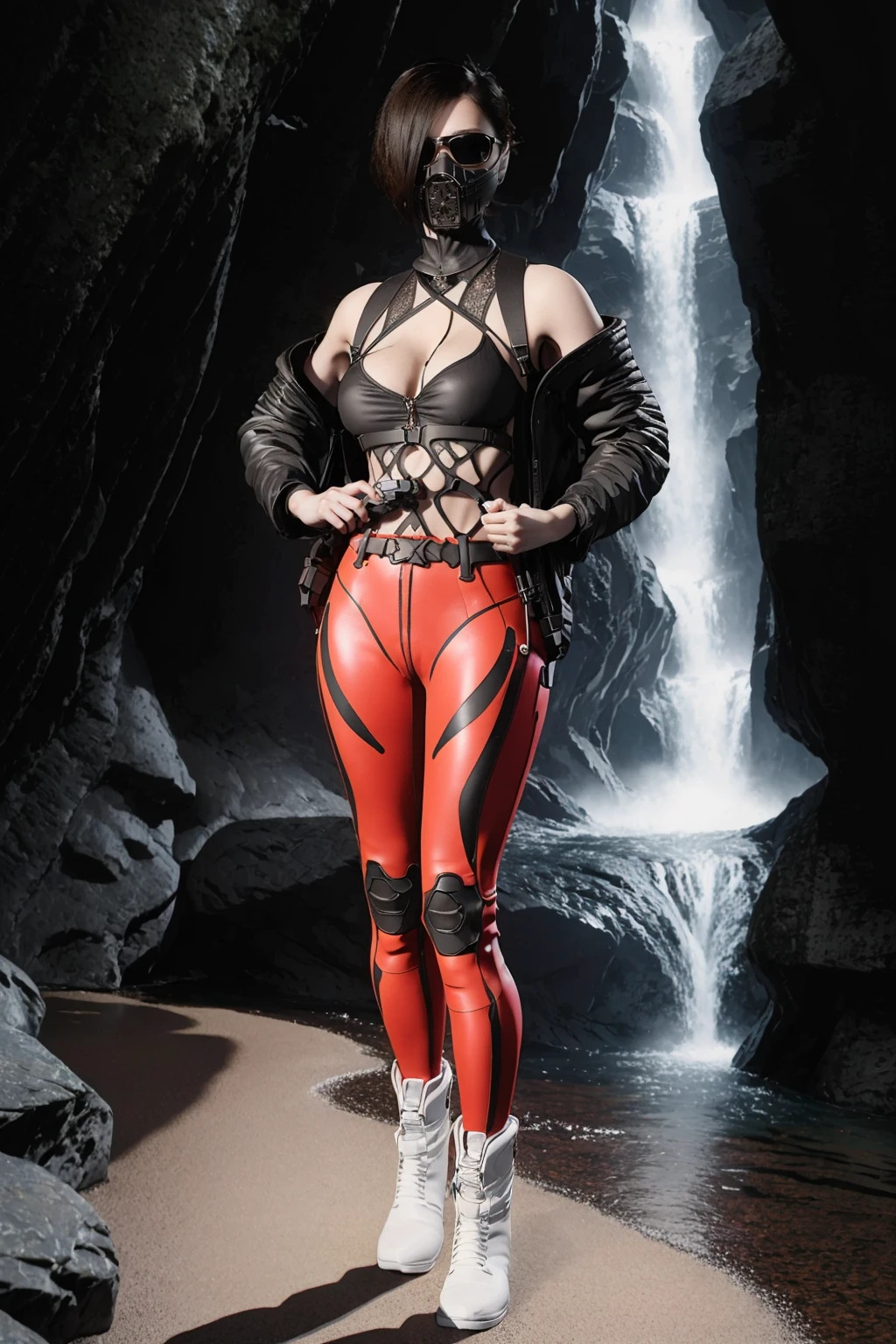 JetAugmentedHuman, mask, leather outfit, a pair of sunglasses, futuristic suit, lacy collar, off the shoulders jacket, sleeves pushed up, red pants, belt, rings, white boots, (full body, cleavage, navel:1), ((sexy pose, fantasy background, sunny day, waterfall in the background, away from the camera:1)), looking at viewer, (masterpiece, best quality:1), solo, 1girl, nsfw, blush, young, beautiful girl, sexy girl, (dynamic poses:1.2), arms behind back, aesthetic hands, female hands, beautiful hands, perfect hands, beautiful face, perfect face, high contrast, 8K, sharp focus, high resolution scan, Nikon Z9, Canon 5d, high detailed, realistic, very realistic, photorealistic, photorealism, RAW,  <lora:JetAugmentedHumanv1-000015:0.8>