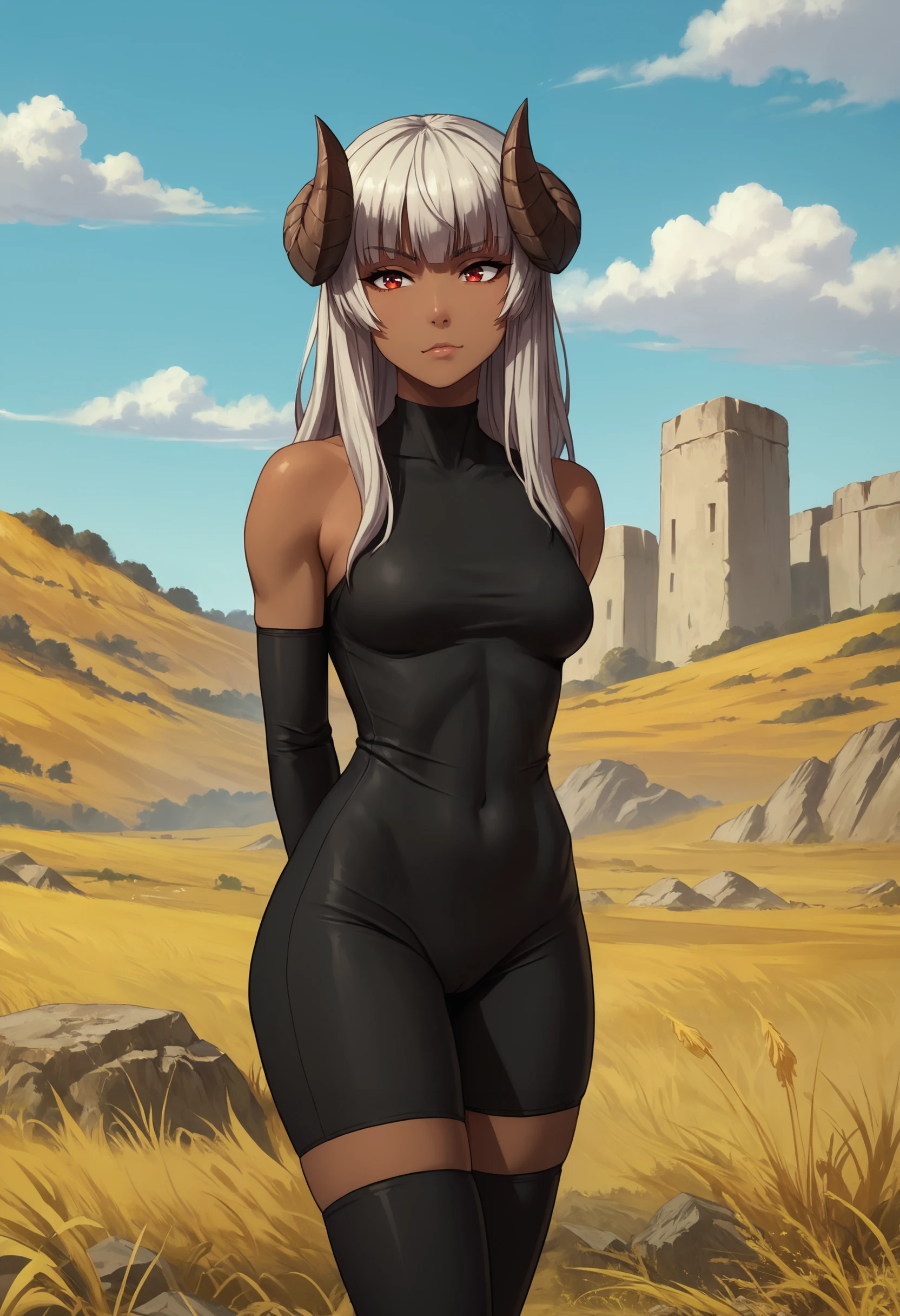 zPDXL, source_anime, 1girl, 
felm, horns, dark-skinned female,
black bodysuit, thighhighs, elbow gloves, 
standing, cowboy shot, arms behind back, 
outdoors, blue sky,
<lora:felm-pony-kohya6-000008:0.6>