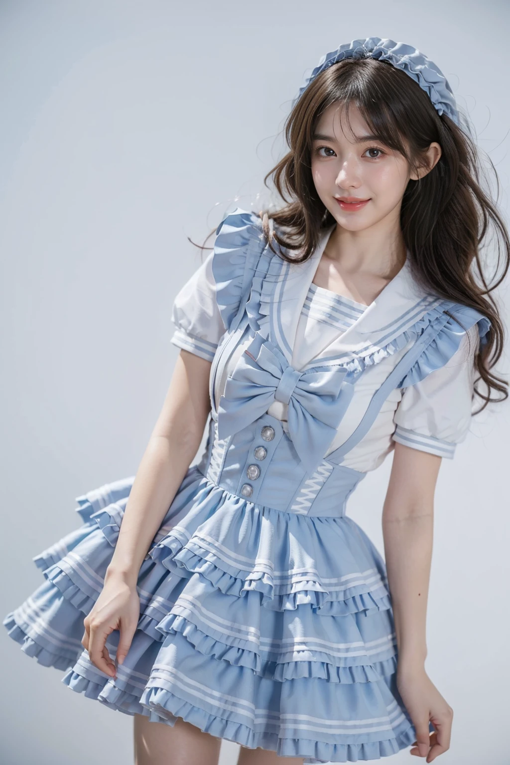 best quality, masterpiece, realistic, photorealistic, 1girl, solo, looking at viewer, smile, standing, cowboy shot, cyb dress, dress, light blue dress, short sleeves, frilled dress, layered dress, suspender skirt, white shirt, frills, sailor collar, bow, grey background, <lora:idol_costume_style9_v1:0.7>