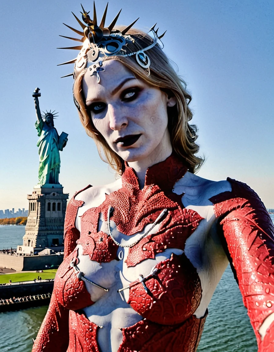 <lora:C2BD749547:0.8> Orin-The-Red with the statue of liberty in the background, white milky skin, white eyes, wearing red-cracked-bodysuit, wearing head ornament, wearing no makeup, looking at viewer, realistic matte skin, Selfie, (Skin Texture, pores, natural,iPhone,RAW)), evil expression. Highest Quality, Nikon Z9, 8k