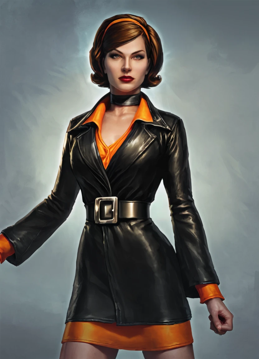 score_9, score_8_up, score_7_up, 
nolfcatearcher, 1girl, short hair, brown hair, jewelry, hairband, choker, belt, makeup, lipstick, orange hairband, (black:1.4) and orange trenchcoat, 3d, 1960s style, low angle, strong pose,
<lora:CateArcherPonyXL:0.8> <lora:Concept Art Ultimatum Style LoRA_Pony XL v6:0.8> concept art, digital art, realistic,