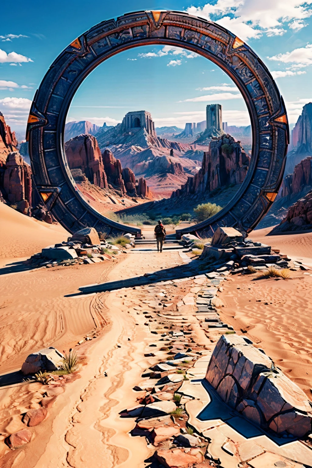 (ultra realistic,32k, masterpiece:1.2),(high detailed skin:1.1),( high quality:1.1),  ((masterpiece, best quality)), <lora:Stargate:0.8>,  Stargate, outdoors, sky, cloud, no humans, grass, scenery, rock, ruins, desert,   otherworldly fragrance blurry background, <lora:add_detail:0.92>,