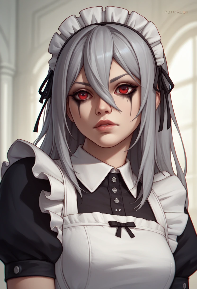 score_9, score_8_up, score_7_up, source_anime BREAK 1girl, solo, <lora:sallywhitemane-wc-richy-v1_pdxl:0.8> red eyes, grey hair, long hair, mascara, standing, maid, maid headdress, lips, hair between eyes