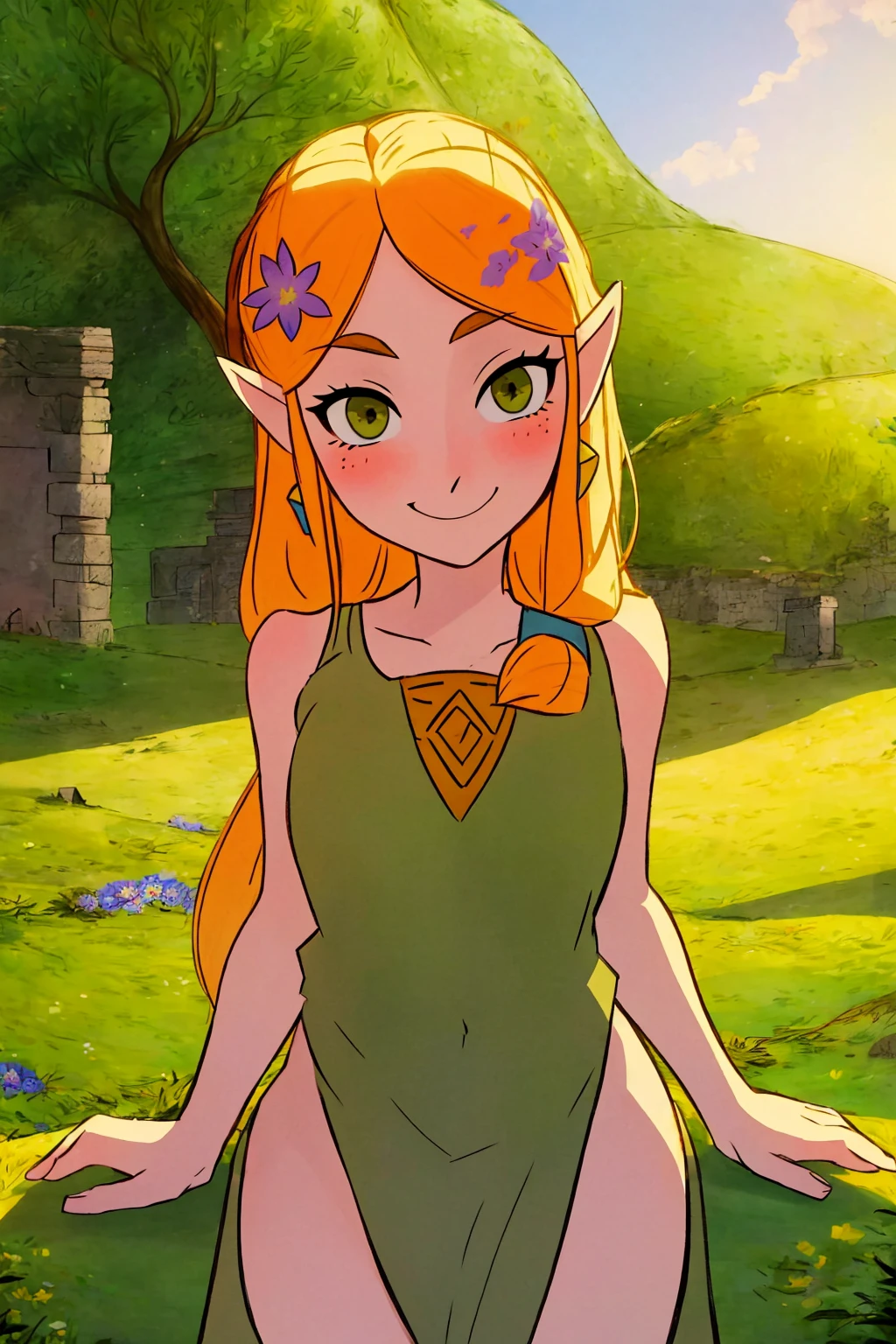 masterpiece, ultra-detailed, best quality, illustration, 8k cg wallpaper, an extremely delicate and beautiful, 1girl, Princess Zelda /(The Legend of Zelda/), solo, perfect anatomy, smiling, blushing, perfect arms, perfect legs, cute, pretty, beautiful, sexy, perfect body, (background: flowery field, grass, trees, flowers, ruins, intricately detailed items in background), <lora:Wolfwalkers:1>