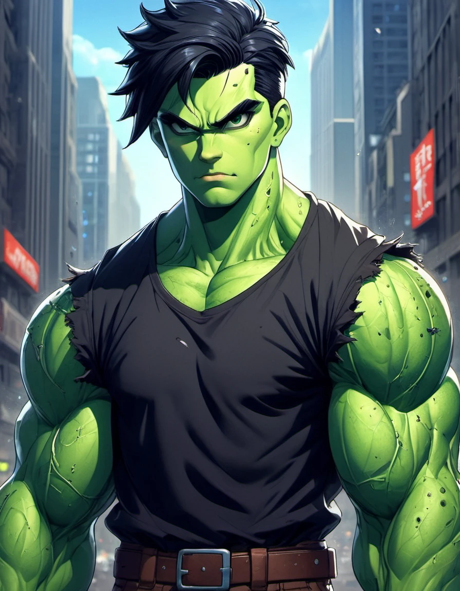 (((masterpiece))) , (((best quality))) , anime style, 2d, well-built charming 1boy, solo, lovely 1boy, HulkRay,  Sam Witwer, hulking out, he has Shaved sides hair, key visual, 