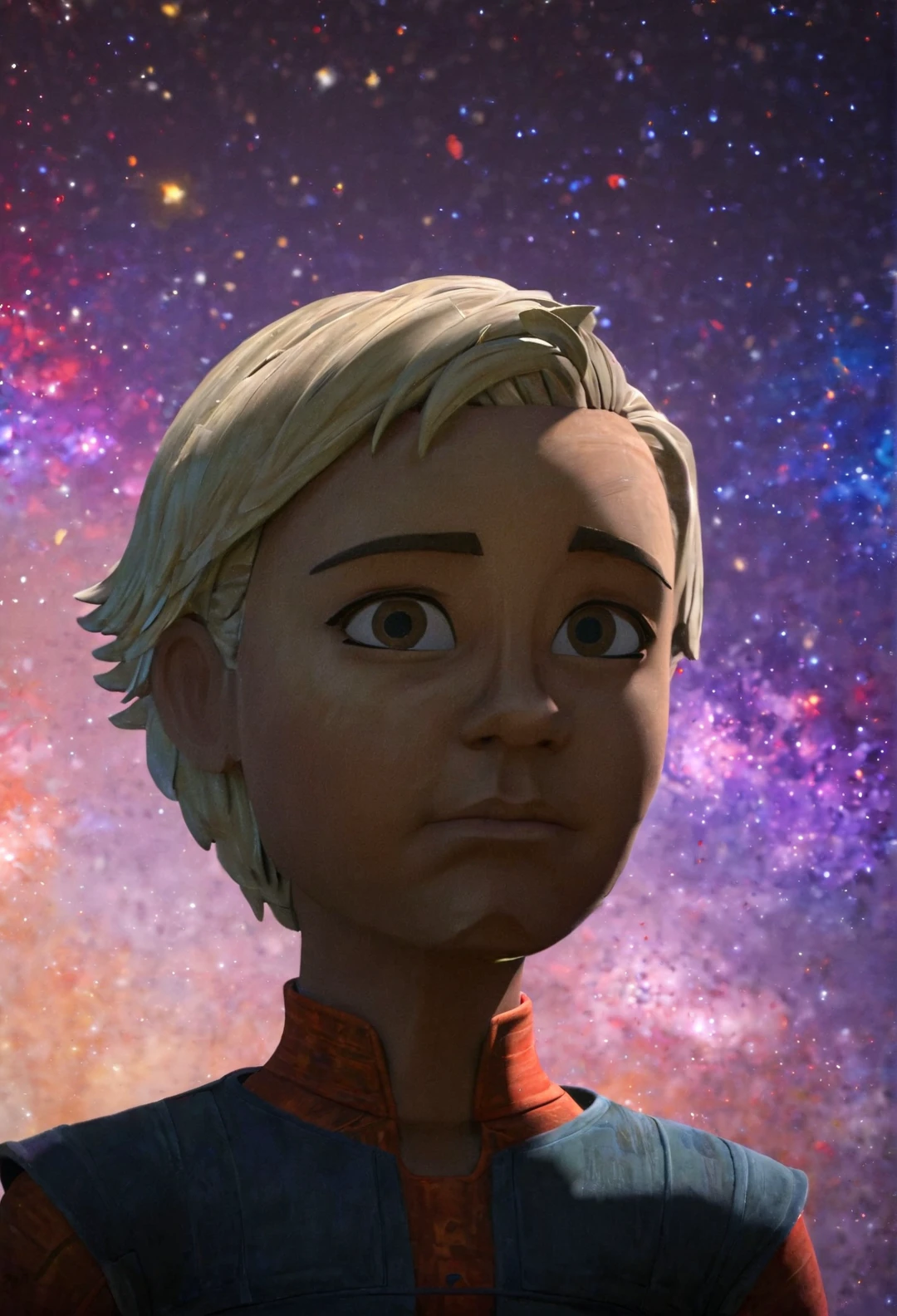 7-BadBatch, 7-Omega,  solo, short hair, blonde hair, brown eyes, closed mouth, upper body, looking to the side, child, beautiful background, dark lighting, sharp image, bright vibrant colours, in space, nebula, tesselations, forehead mark  [3d animation, animated, cartoon, anime, sharp image, realistic lighting, painting style textures, 7-nasa]