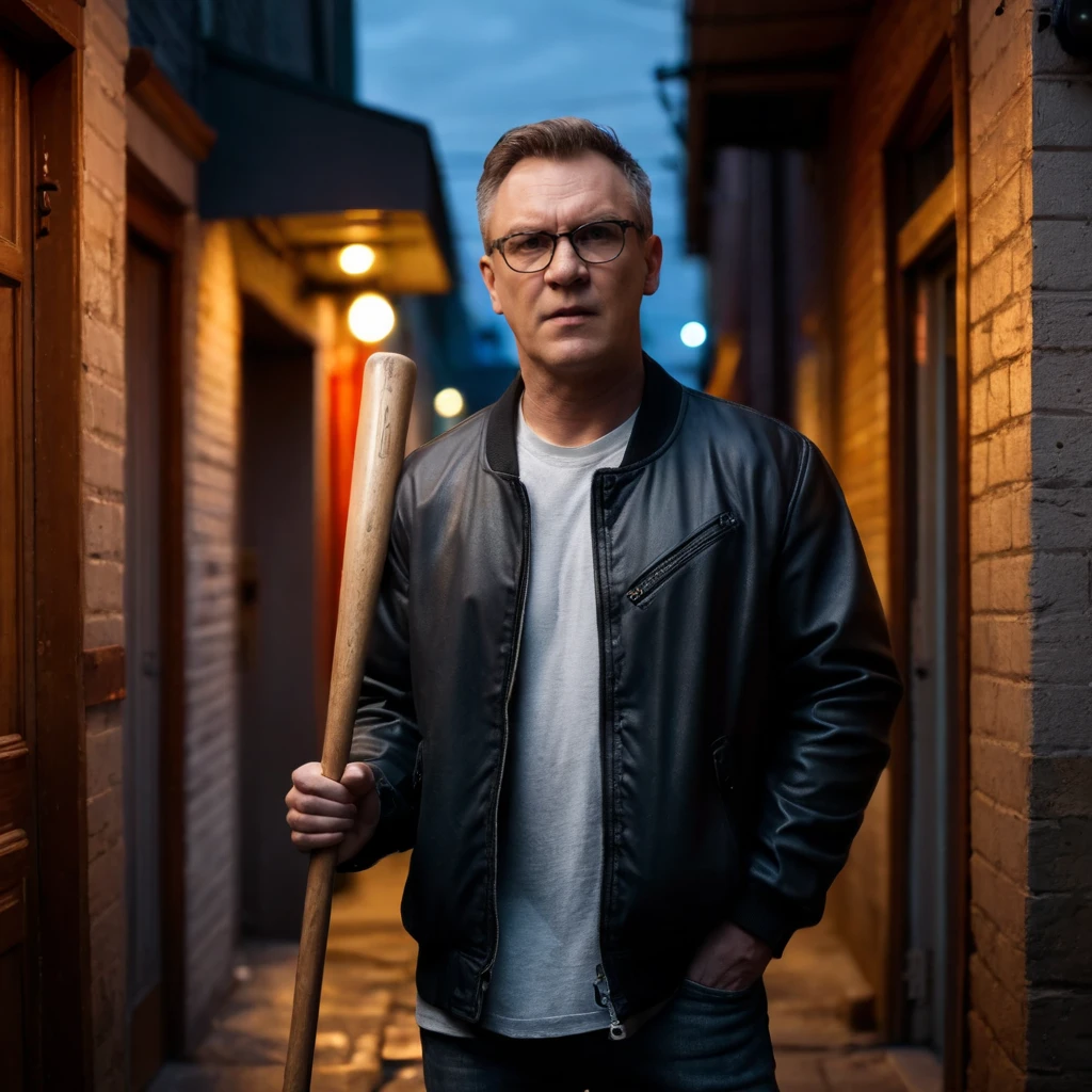 <lora:ismo:1> ismolaitela man, eyeglasses, standing next to a back alley pub backdoor, atmospheric lighting, holding a big baseball bat, angry expression, wearing a leather jacket