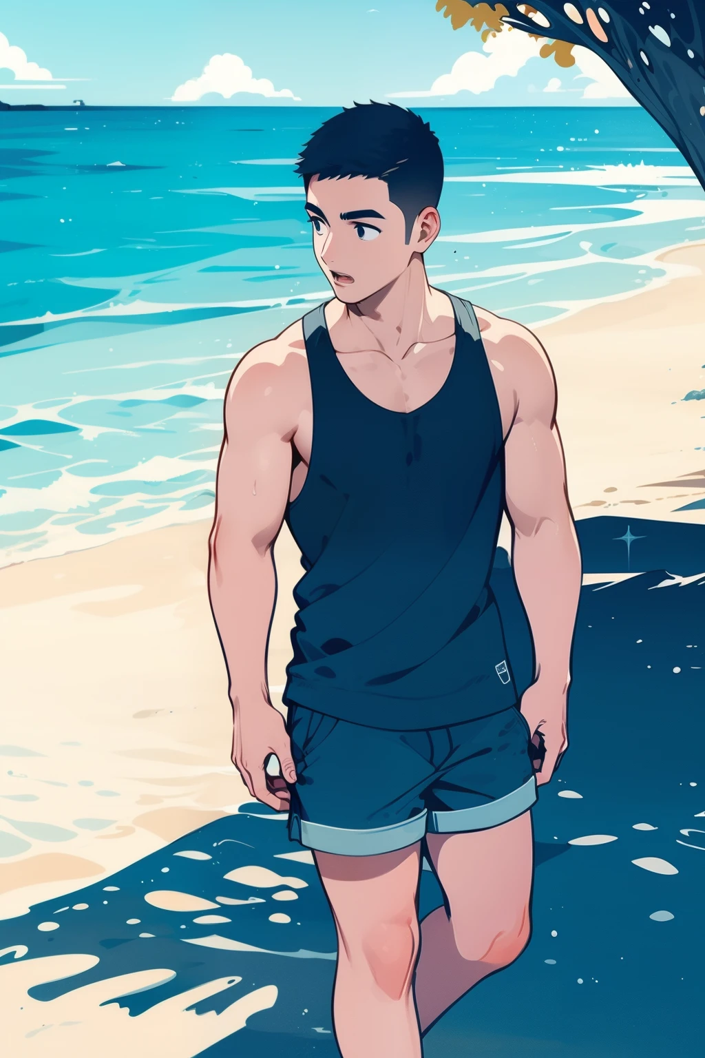 kk-boy, 1boy, deep shadow, male focus, close mouth, solo, shorts, tank top, black hair, short hair, beach, ocean, outdoors, shirt <lora:kk-1boy:0.8>