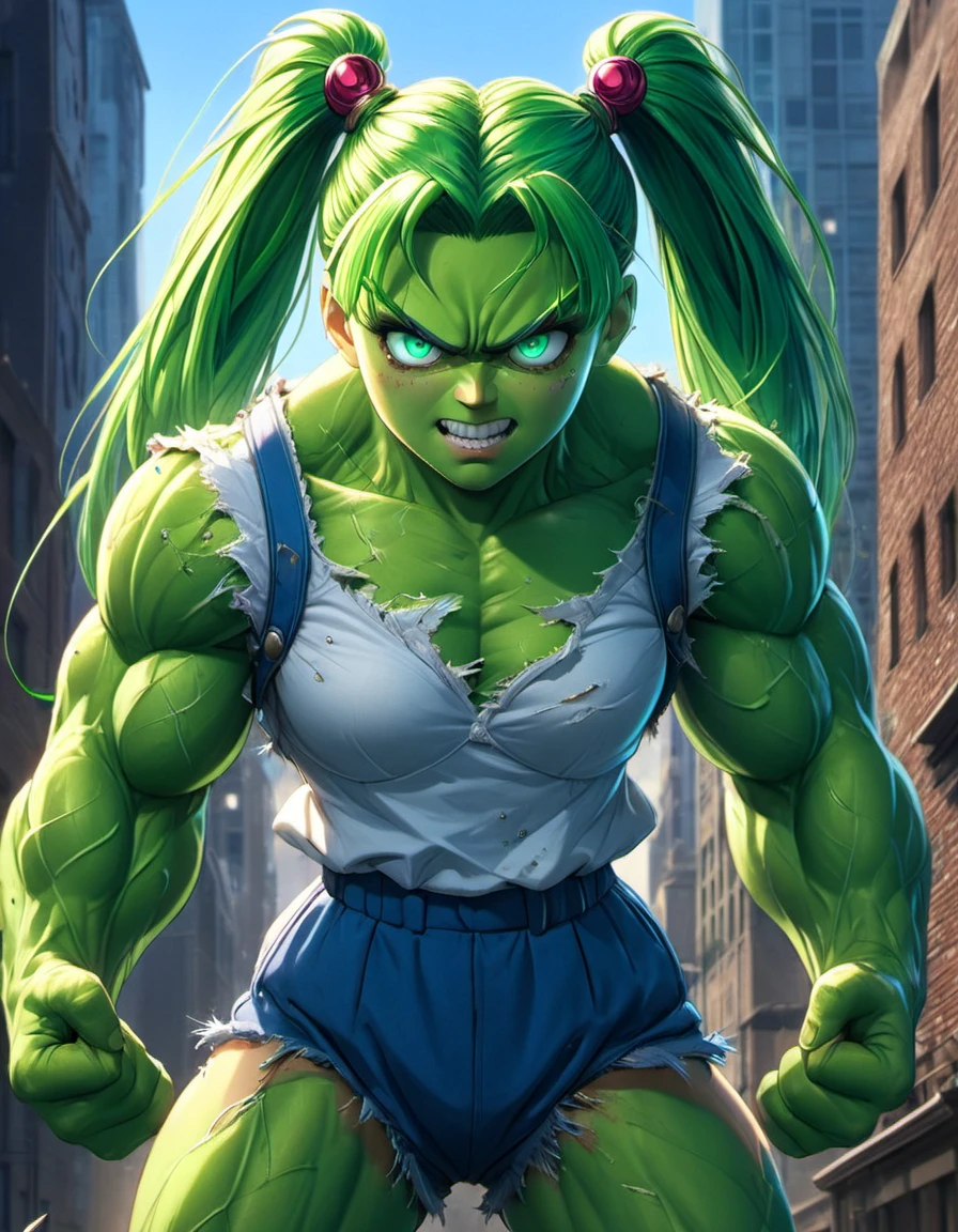 (((masterpiece))) , (((best quality))) , anime style, 2d, well-built charming 1girl, solo, lovely 1girl, HulkRay, Young Leonardo DiCaprio Hulking out, she has Shaved sides hair, key visual, 